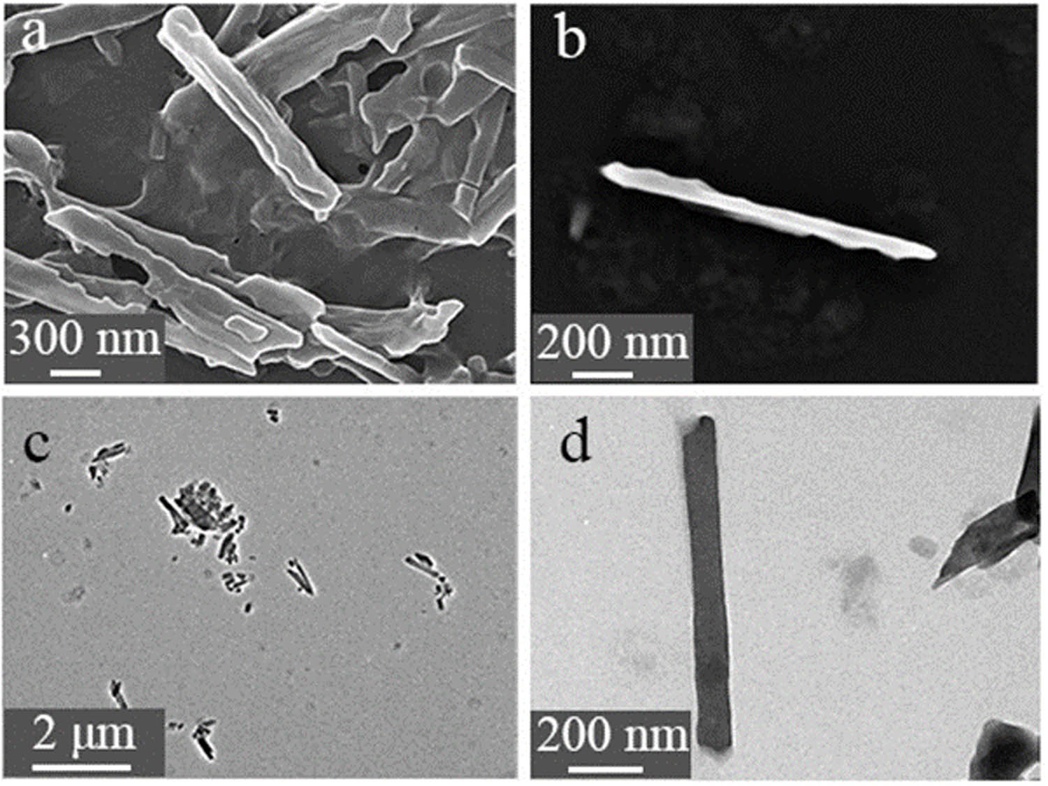 Figure A2 
                  (a, b) SEM images and (c, d) TEM images of Zn-MOFs nanorods.