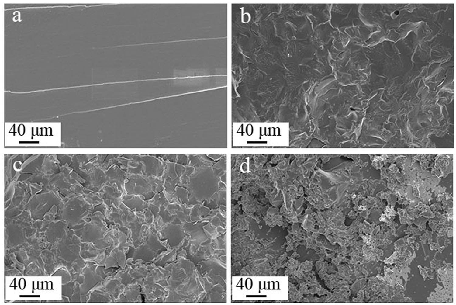 Figure A4 
                  SEM images of tensile fracture surfaces: (a) TE@Zn-MOFs/Epoxy0, (b) TE@Zn-MOFs/Epoxy1, (c) TE@Zn-MOFs/Epoxy3 and (d) TE@Zn-MOFs/Epoxy4.