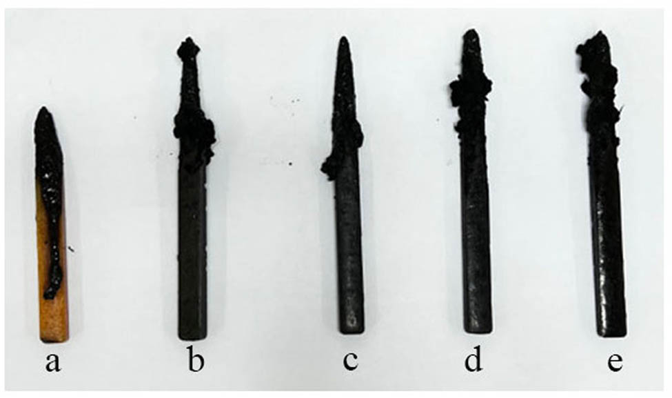 Figure A6 
                  Digital photographs of (a) TE@Zn-MOFs/Epoxy0, (b) TE@Zn-MOFs/Epoxy1, (c) TE@Zn-MOFs/Epoxy2, (d) TE@Zn-MOFs/Epoxy3 and (e) TE@Zn-MOFs/Epoxy4 after combustion at LOI.