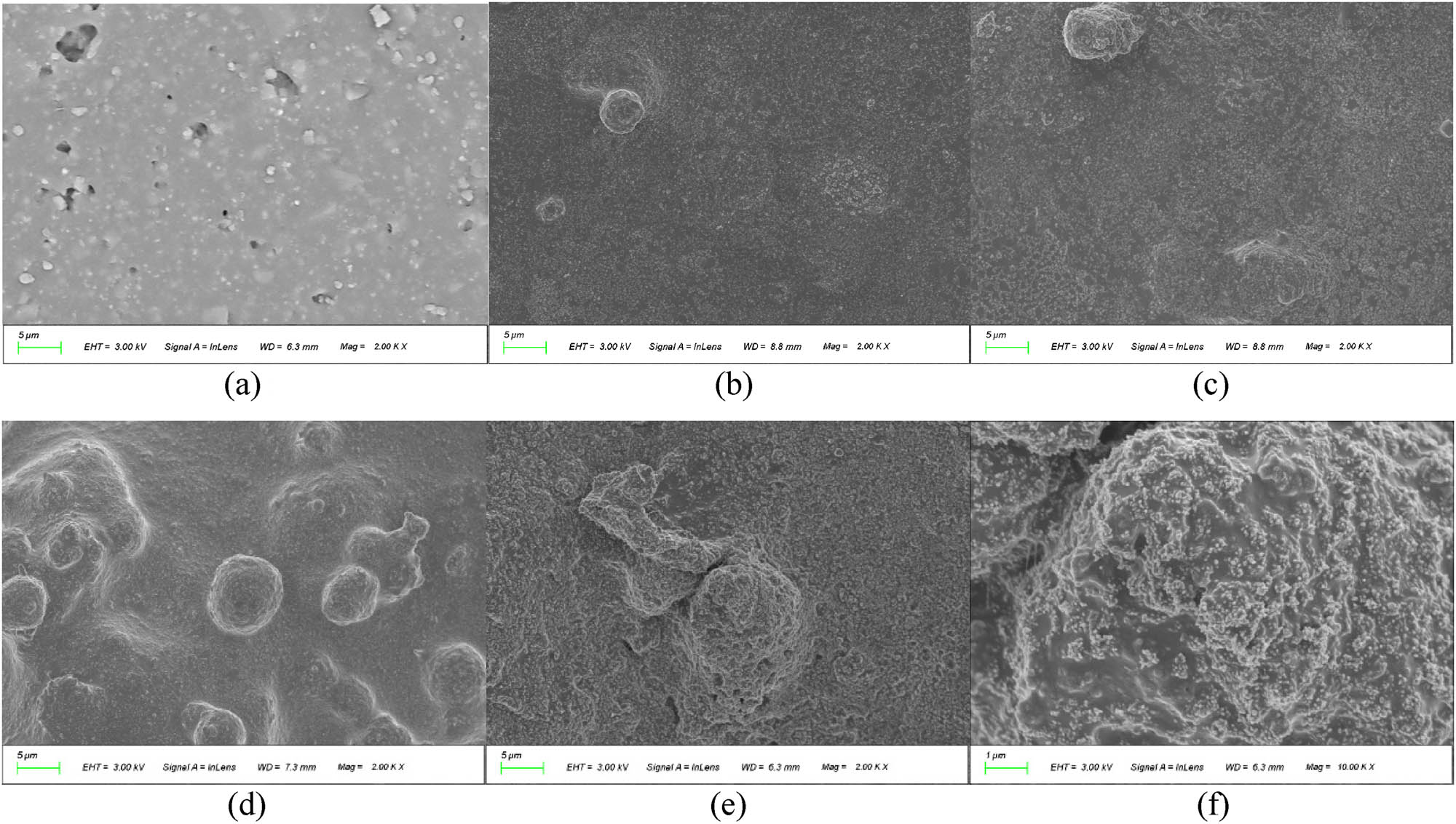 Figure 4 
                  SEM microstructure of different HTV silicone rubber: (a) Neat HTV silicone rubber, (b) + PRTV/TiO2 coating, (c) + PRTV-PTFEL/TiO2 coating, (d) + PRTV/TiO2-PTFES coating, (e) + PRTV-PTFEL /TiO2-PTFES coating, and (f) enlargement of image (e). (a)–(e) ×2.0 k and (f) ×10.0 k.
               