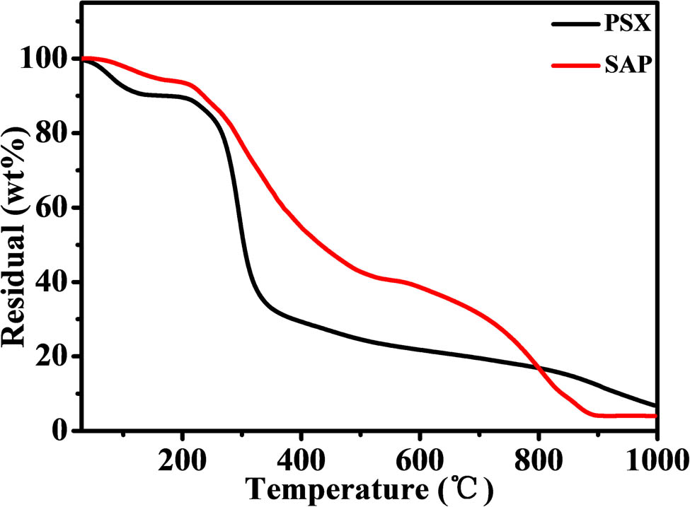 Figure 4 
                  TGA curves of PSX and SAP.
               
