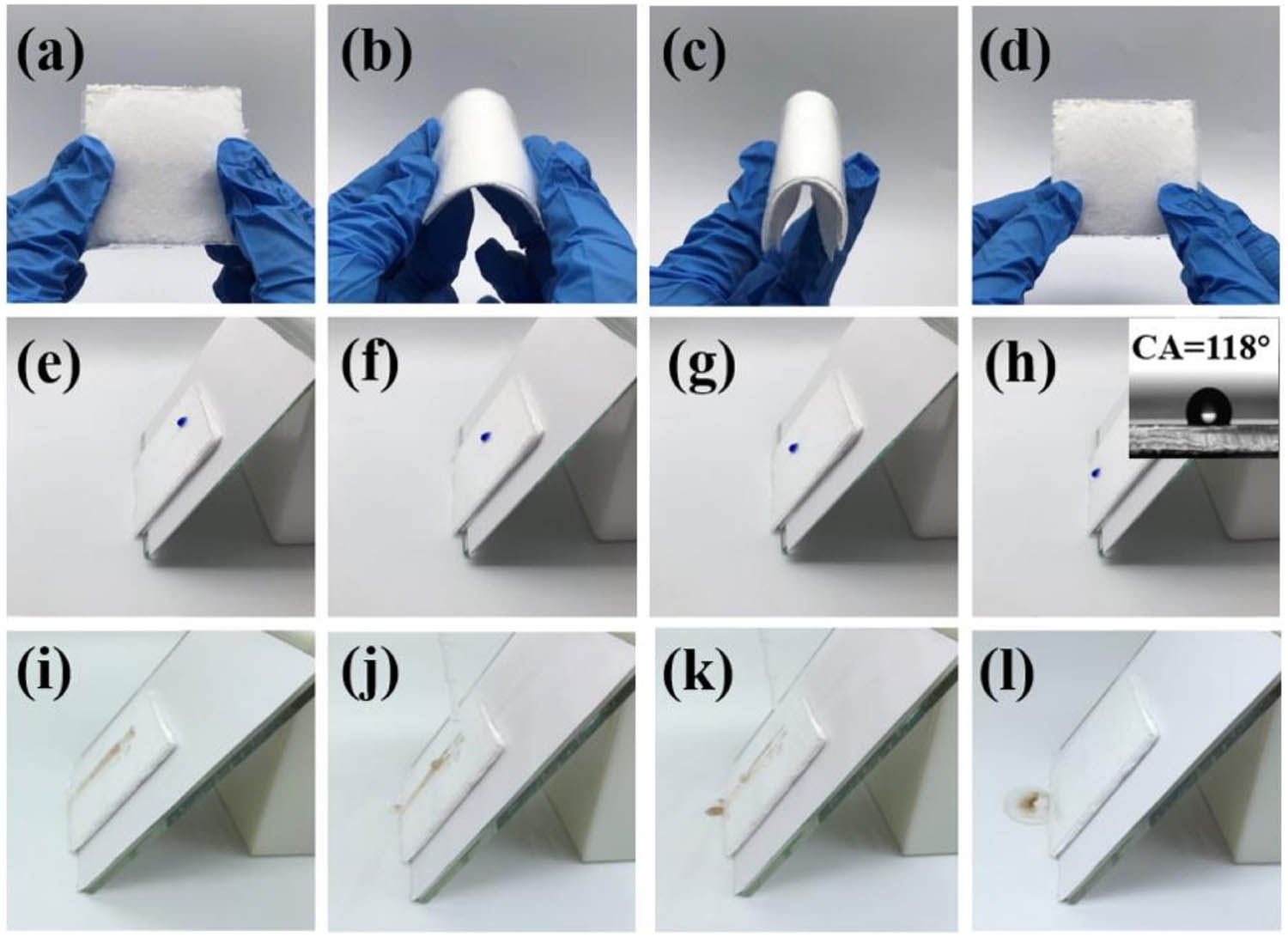 Figure 6 
                  Pictures of PPC flexibility including before bending (a), bending (b) and (c), and after bending (d). Pictures of falling liquid droplet (e)–(h). Pictures of self-cleaning phenomenon for dust washed away by running water (i–l).