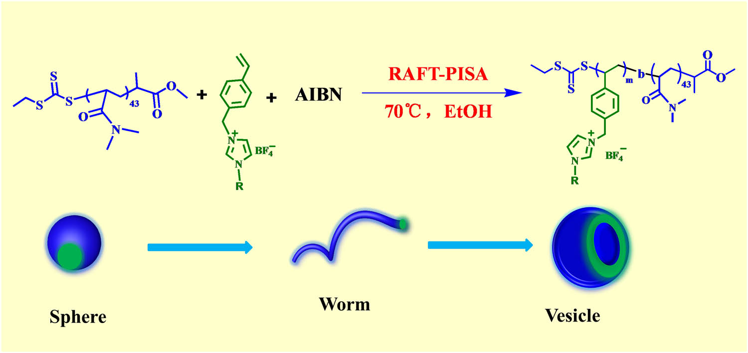 Scheme 1 
               Schematic representation of the synthesis of the poly(N,N-dimethylacrylamide)-b-poly(1-alkyl-3-(4-vinylbenzyl)imidazolium tetrafluoroborate) (PDMA43-b-PIL
                     x
                  ) BCPs prepared by RAFT ethanol dispersion polymerization at 70°C.
            