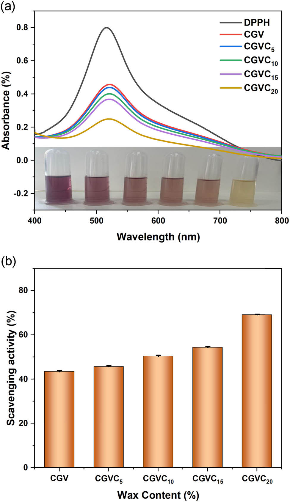 Figure 6 
                  (a) Absorbance of the solutions soaked in CGV and CGVC film and (b) DPPH scavenging capacity of CGVC films.
               