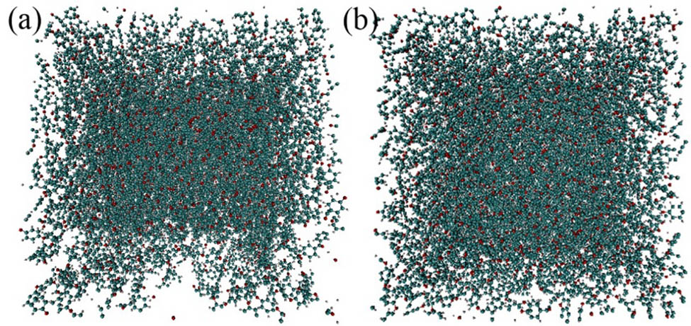 Figure 2 
                  Stabilization model for pure PEEK: (a) before the isothermal isobaric relaxation and (b) after the isothermal isobaric relaxation.
               