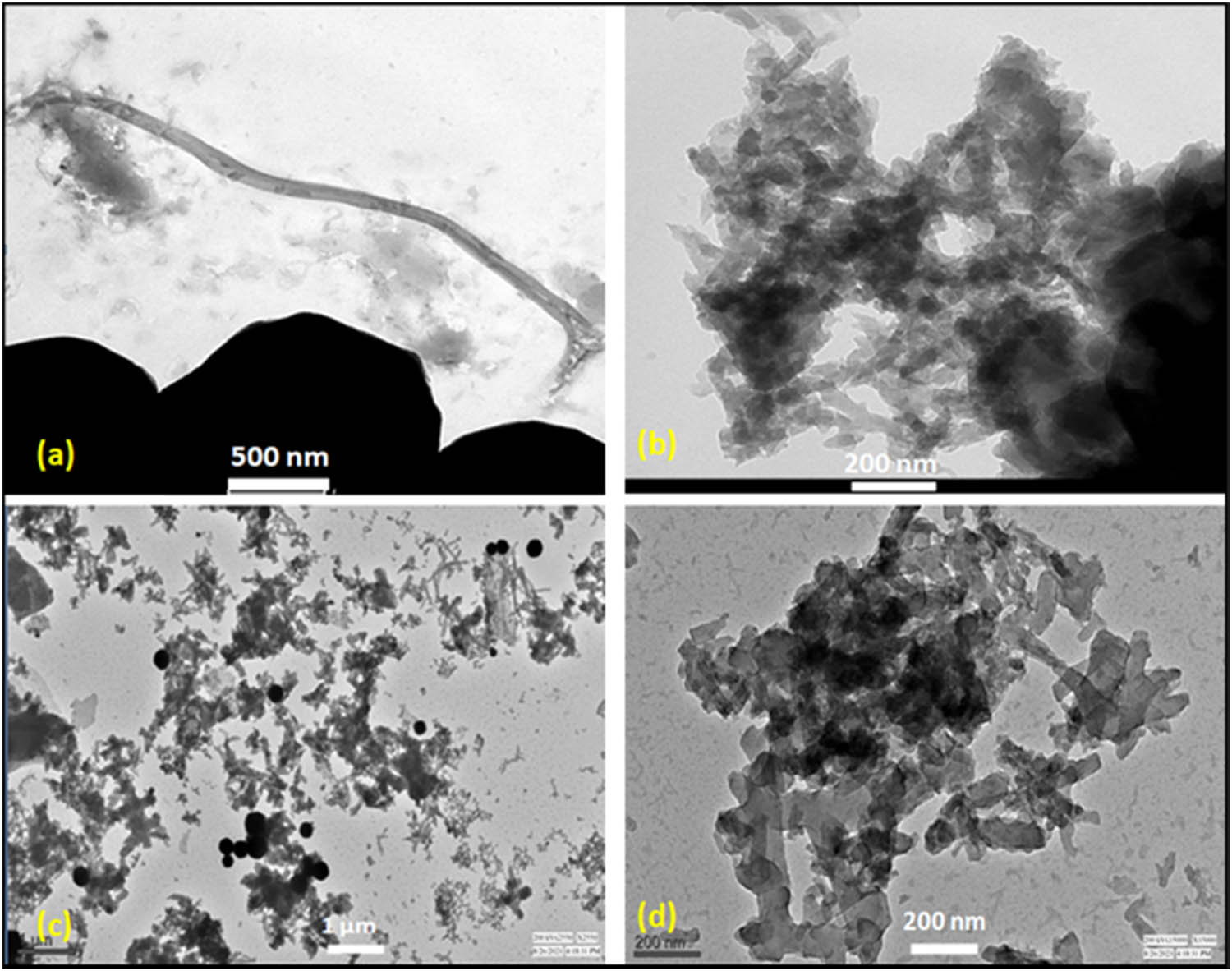 Figure 4 
                  HR-TEM micrographs of the synthesized raw PANI NFs: (a) magnification-500 nm, (b) magnification-200 nm; and PANI/UA NF PCMs: (c) magnification-1 μm and (d) magnification-200 nm.
               