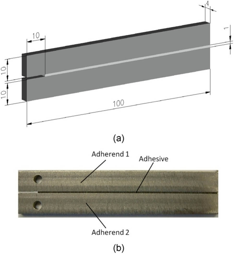 Figure 5 
                  Dimensions (a) and image of a prepared specimen for testing (b).
               