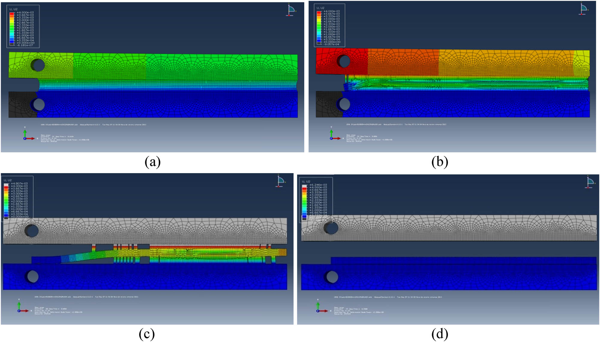 Figure 12 
                  FEM simulation of the Mode I test and phases of adhesive deformation in the MCB specimen, images (a) to (c), until adhesive failure, image (d).
               