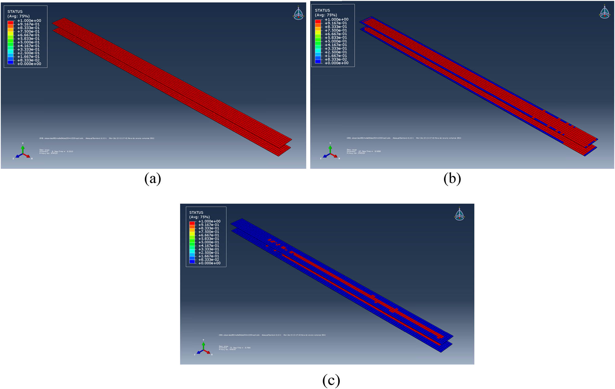 Figure 13 
                  Evolution of the displacement of the delaminated zone: 25% (a), 50% (b), and 75% (c).
               