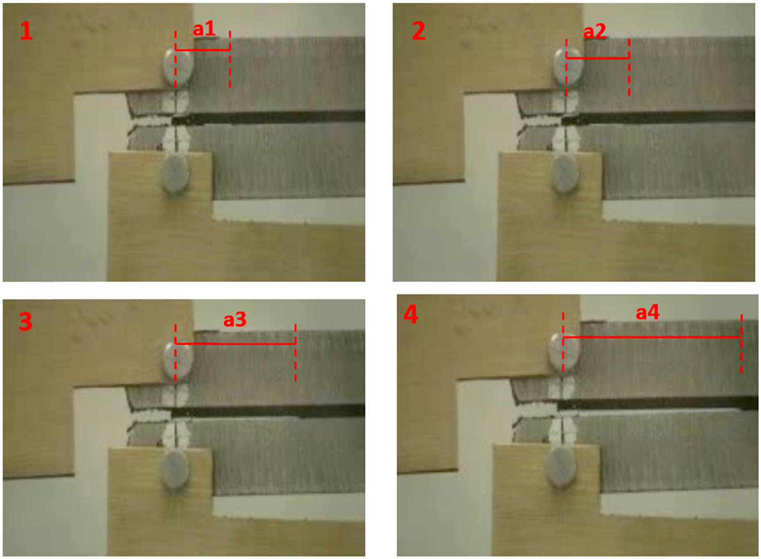 Figure 14 
                  Actual evolution of the delaminated zone in the adhesive joint during the test.
               