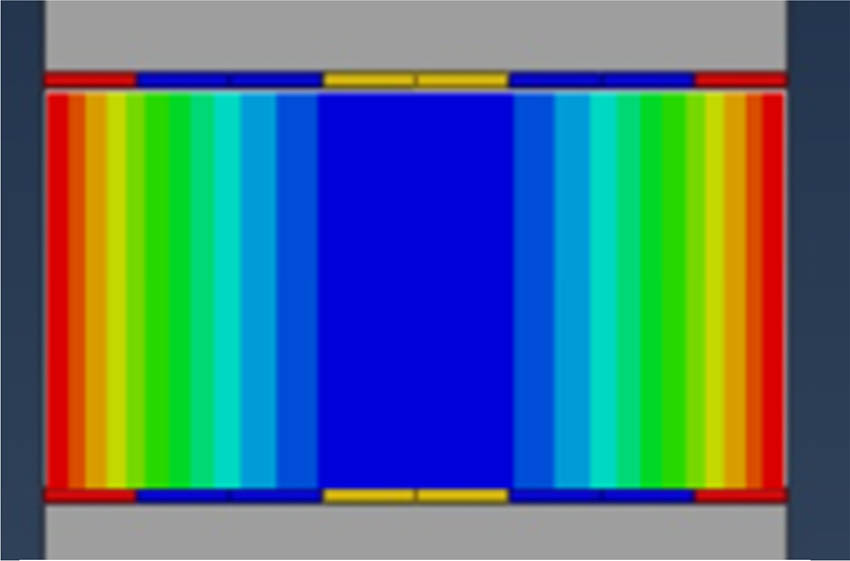 Figure 19 
                  Simulation of water diffusion in the adhesive using strips of different colors.
               