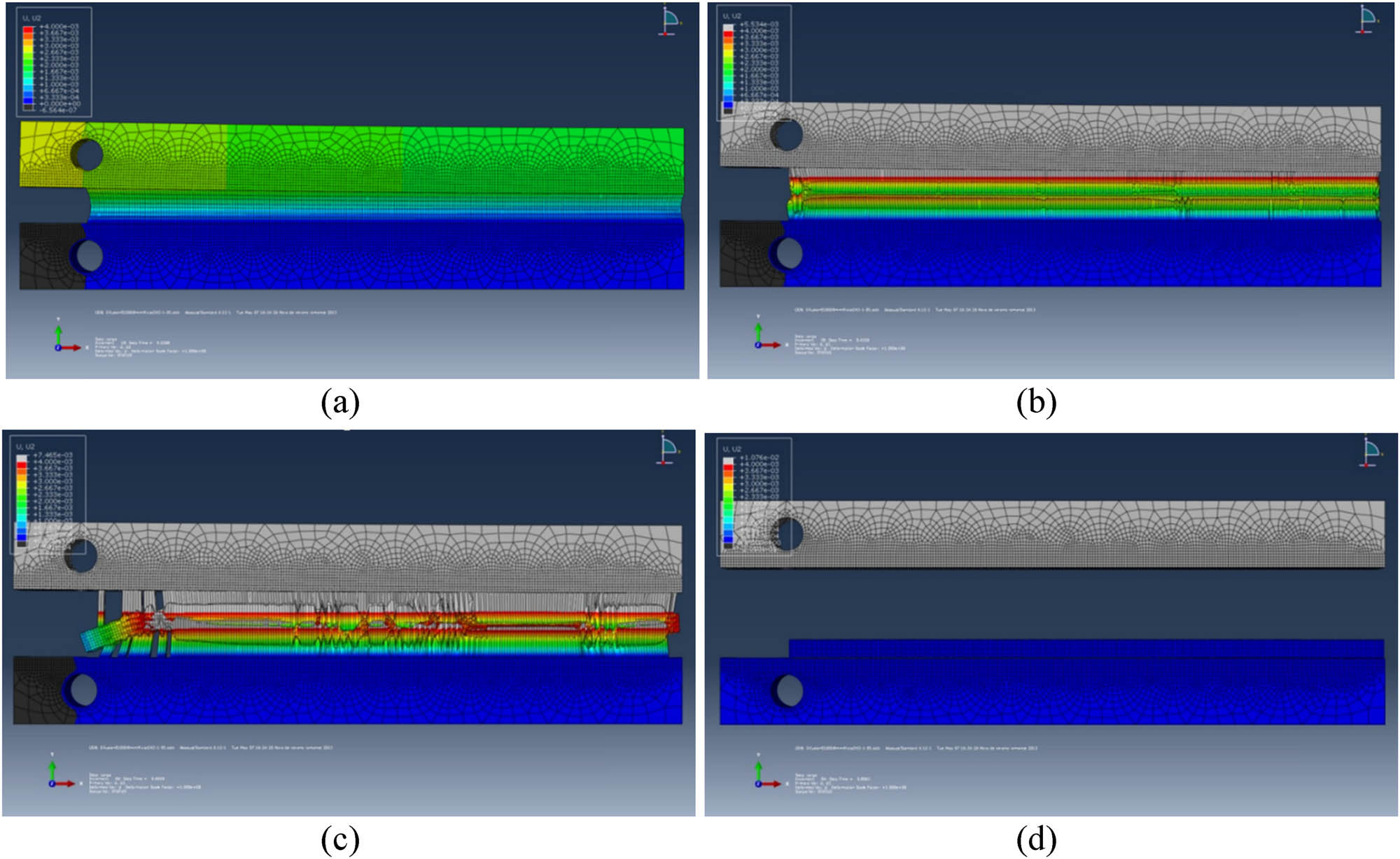 Figure 20 
                  FEM simulation of the Mode I test on the MCB specimen with the adhesive degraded at different stages: initial elastic deformation of the adhesive (a), initiation and propagation of adhesive failure (b and c), and complete detachment of adhesive and adherent (d).
               