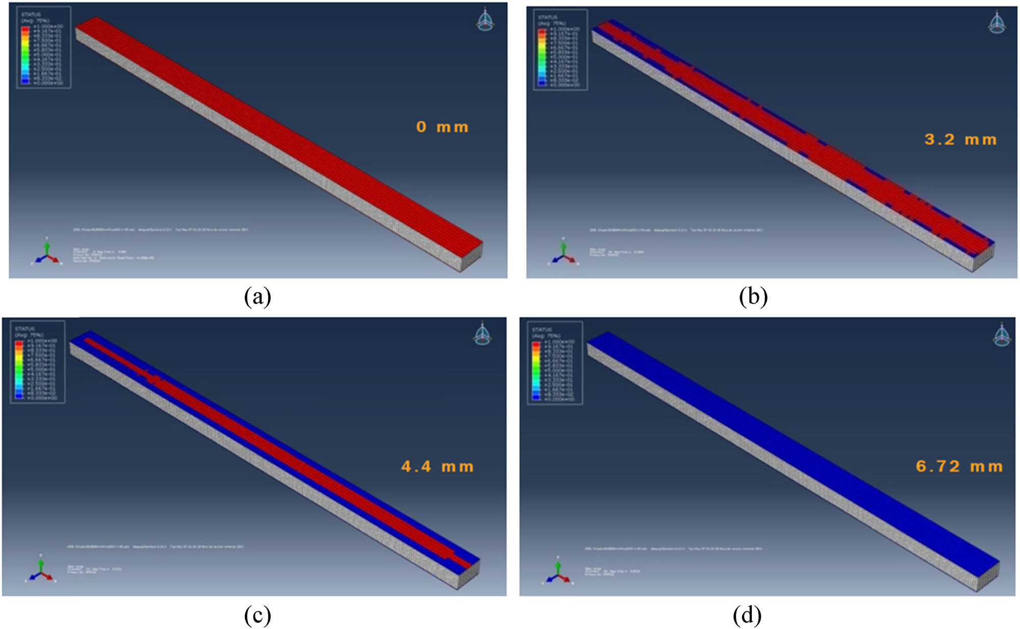 Figure 21 
                  State of the cohesive elements during the Mode I test at the moments when the displacement is 0 mm (a), 3.2 mm (b), 4.4 mm (c), and 6.72 mm (d).
               