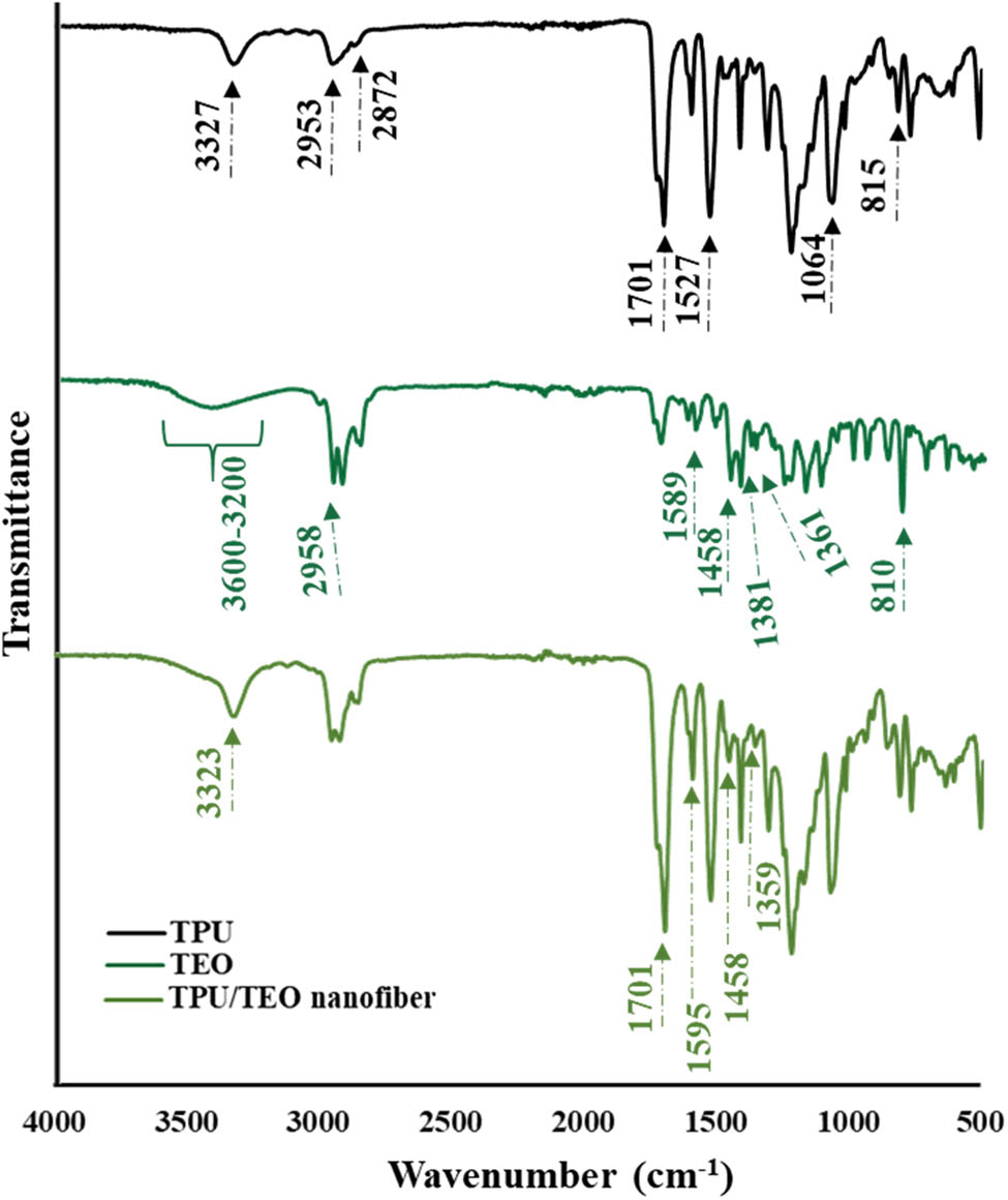 Figure 6 
                  FTIR spectra of TPU, TEO, and TPU/TEO nanofiber mat.
               