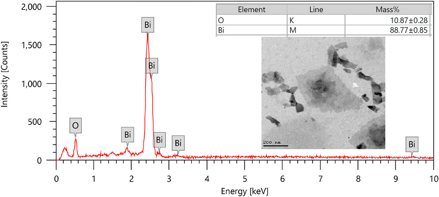 Figure 1 
               EDX and TEM results of Bi2O3-NPs.
            