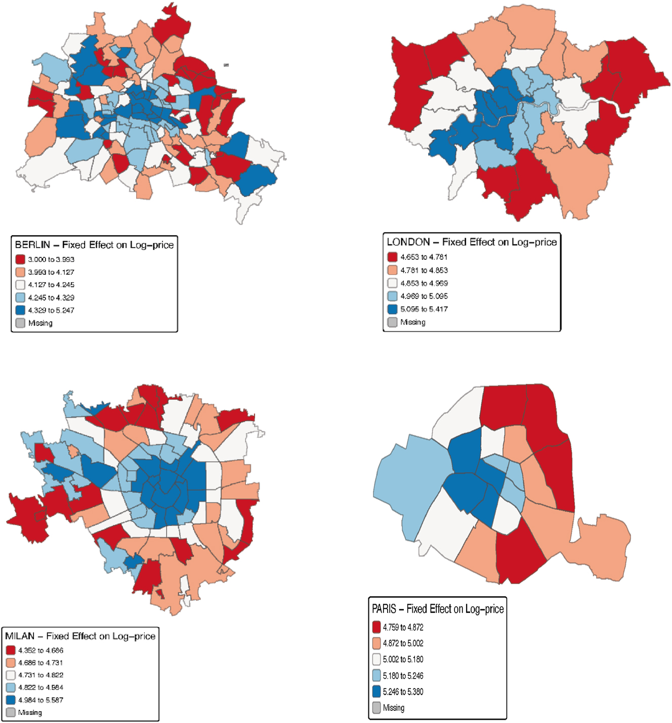 Figure 5:
Neighborhood fixed effect on log-price in Berlin (top-left), London (top-right), Milan (bottom-left), and Paris (bottom right). Author’s own elaboration. Data: Inside Airbnb. Period: September 2024–June 2025.