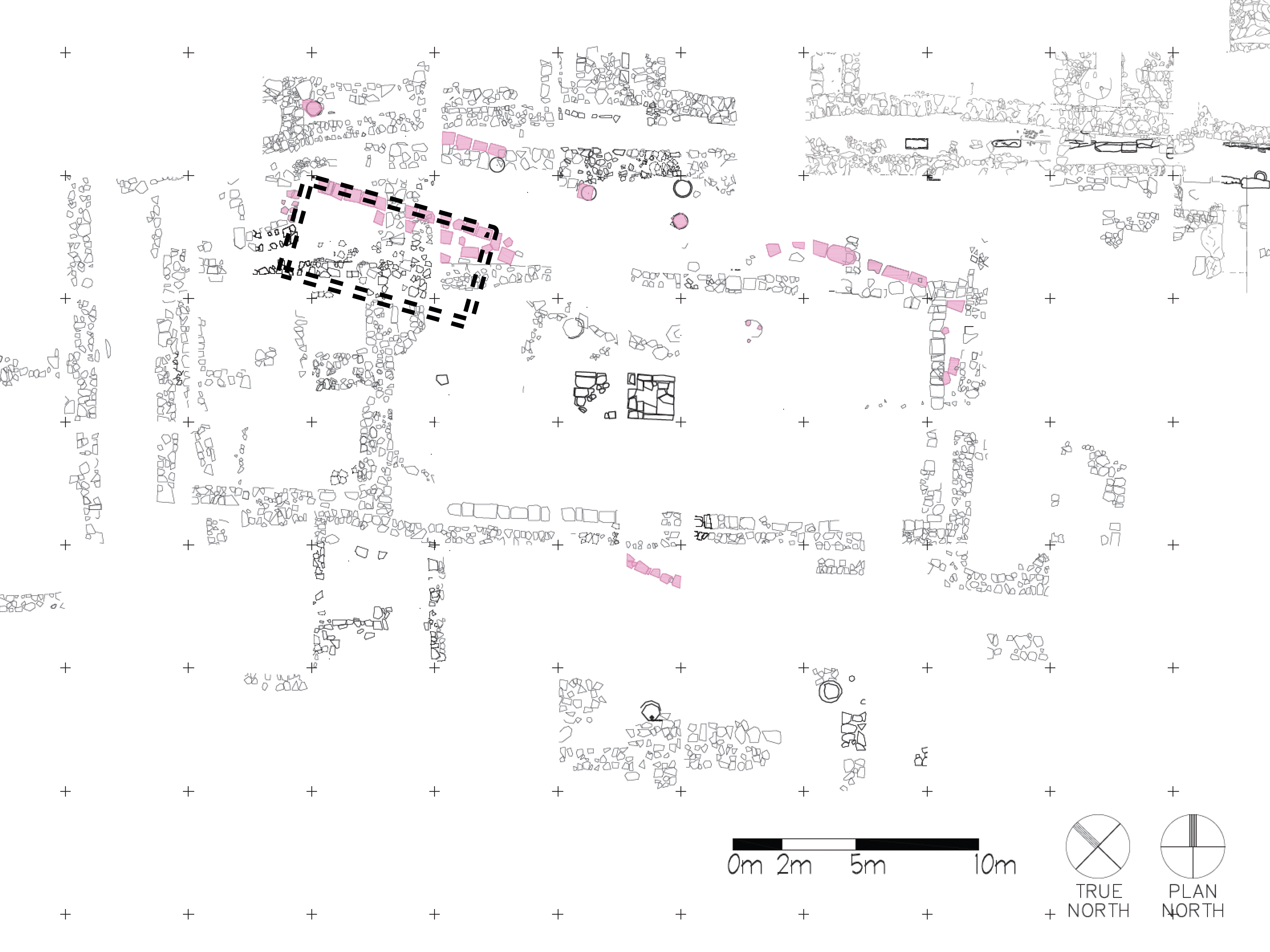 Fig. 1 State Plan and reconstruction of Poggio Colla, Phase I (reconstruction by Michael Thomas; drawing by Jess Galloway). Foundation blocks (pink) and hypothetical outline of cella (dashed lines). (Courtesy MVAP).