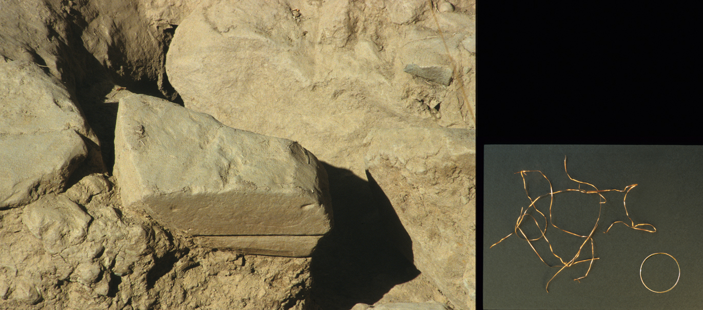 Fig. 2 Fissure with nearby upside-down podium block. Gold strands (PC 03–085) and gold ring (PC 03–092). (Courtesy MVAP).