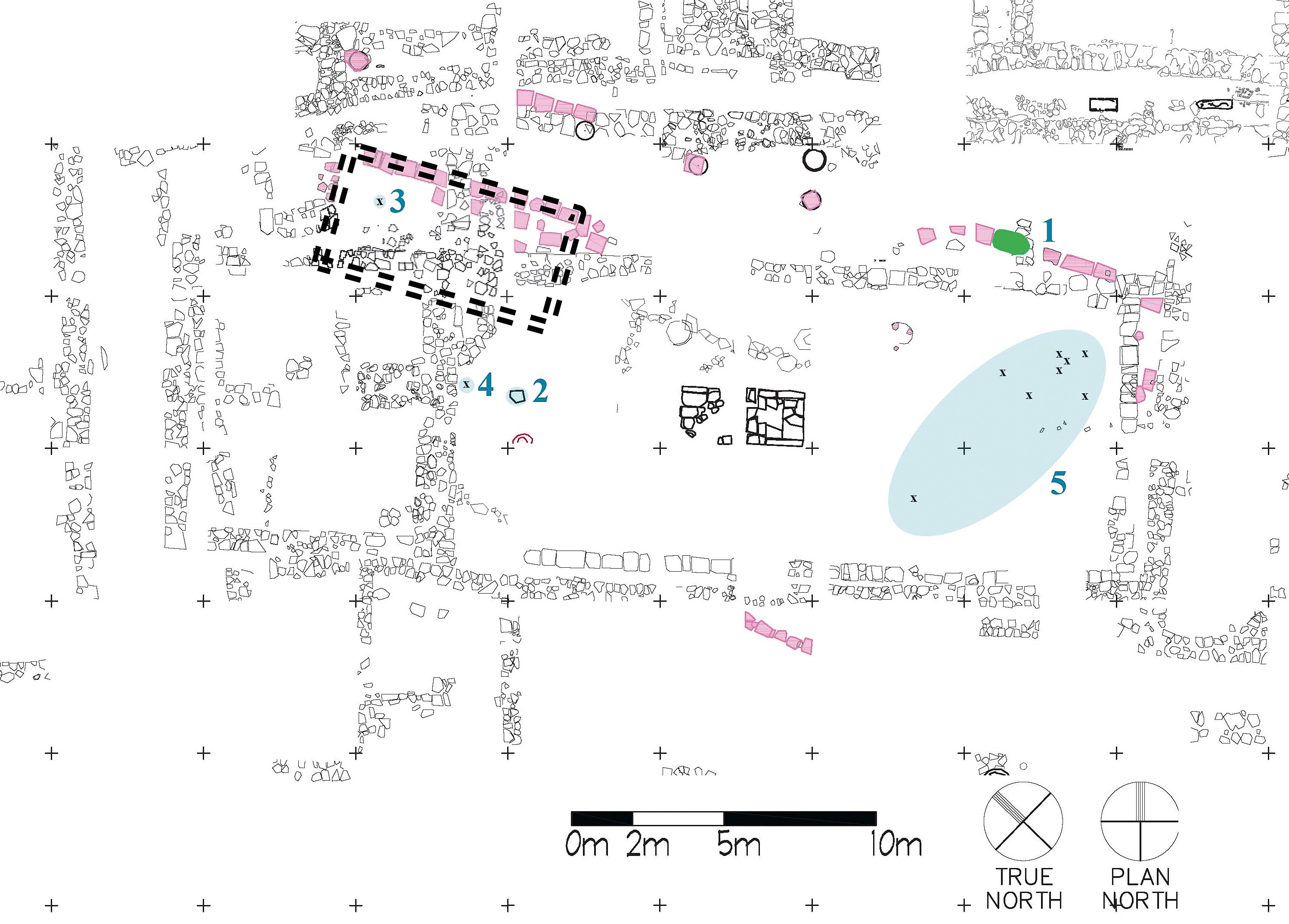 Fig. 4 Findspots of red-figure kylix (PC 98–050) fragments. No. 5 (blue oval); No. 1 Vicchio stele; No. 2 capped fissure; No. 3 Inscription Deposit; No. 4 Schnabelkanne. (Drawing by J. Galloway; courtesy MVAP).