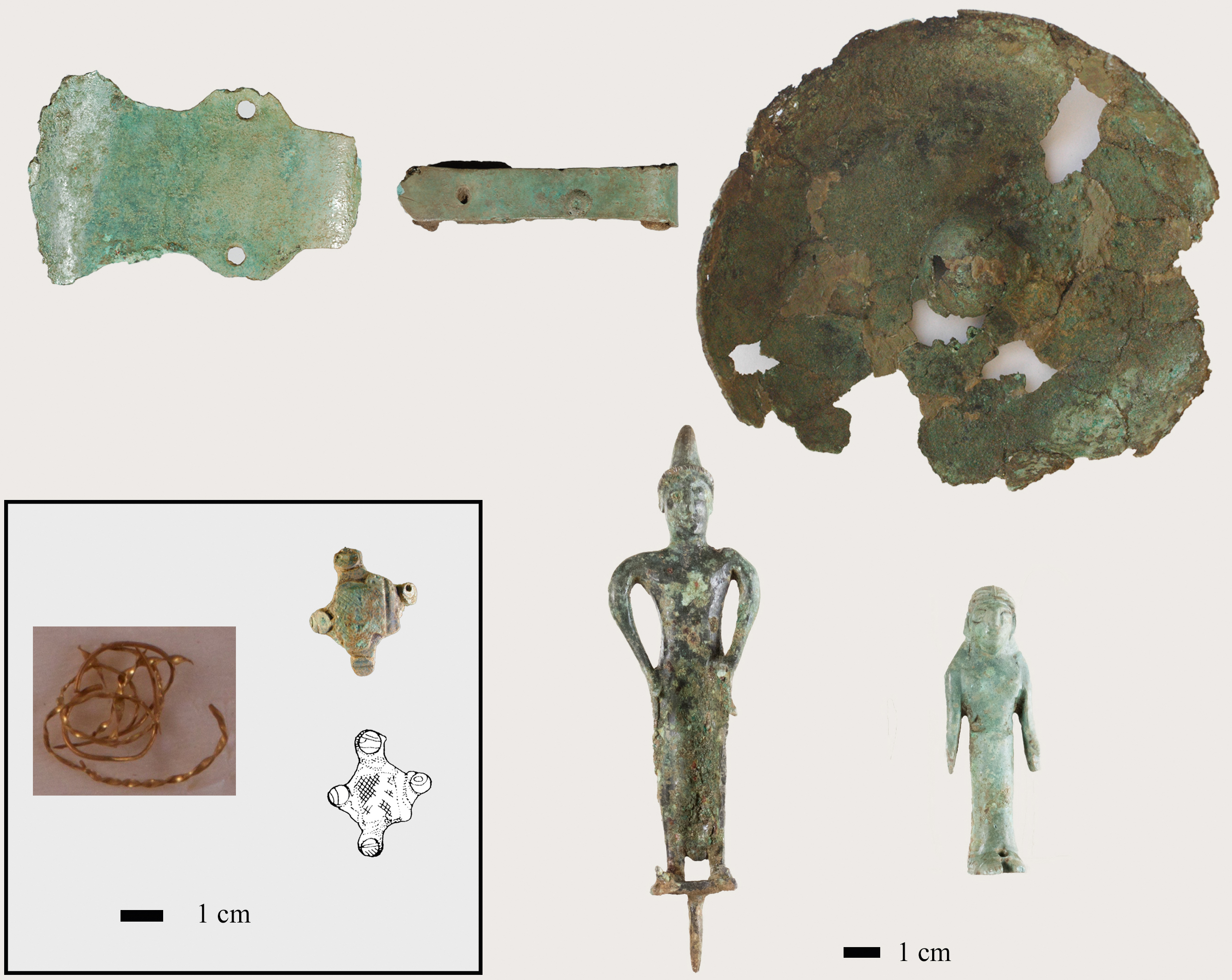 Fig. 9 Inscription Deposit: votives and ritual implementsAbove: Bronze implement (PC 05-029, left; PC 05-119, right); Bronze phiale (PC 06–027) (PC 06–038 not illustrated).Below: Gold strands (PC 05–121); Bronze pin (?) (PC -05–085) (Drawing by Morgan Burgess); Bronze figurine (PC 14–001); Bronze figurine (PC 14–040). (Courtesy MVAP).