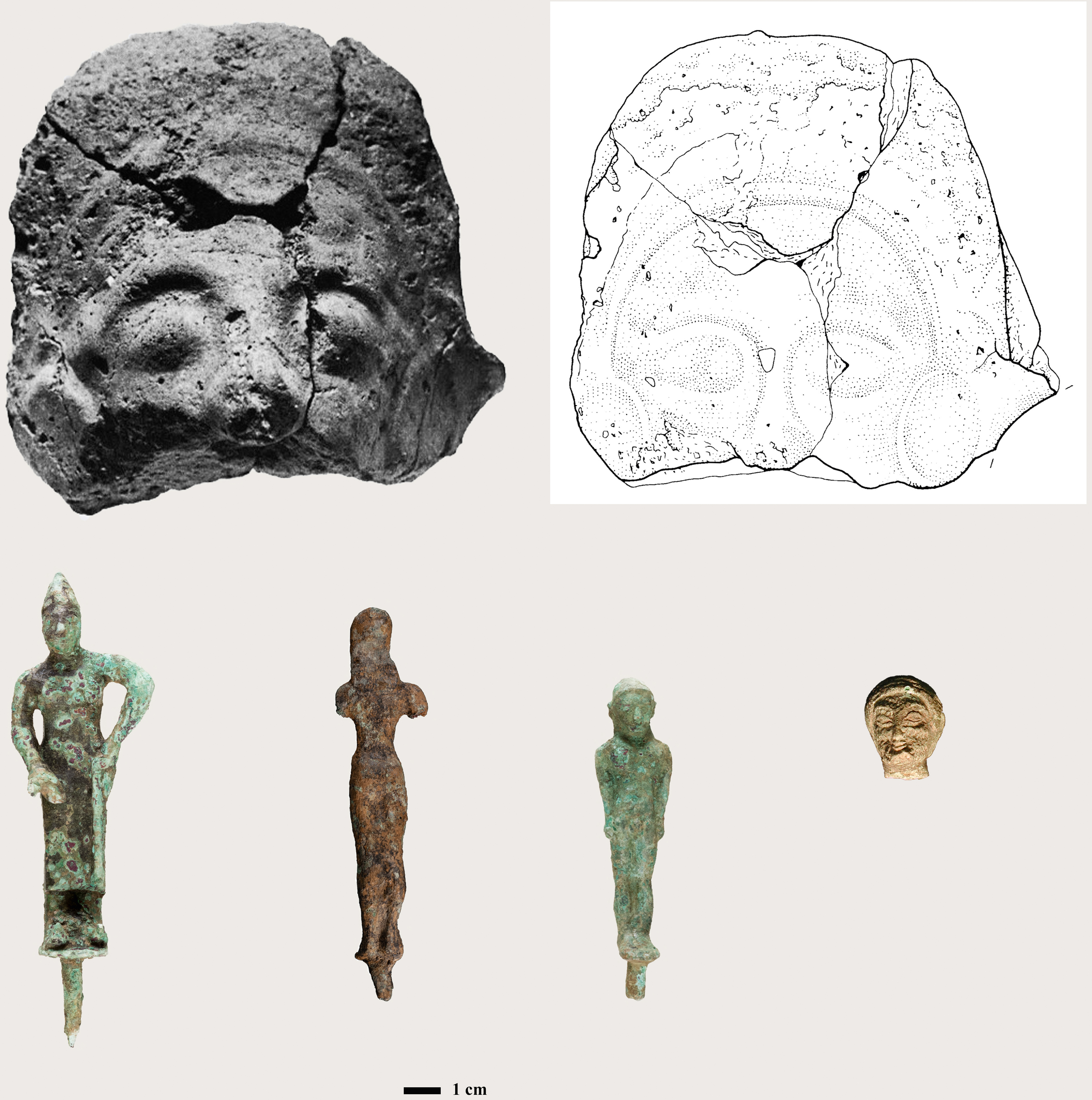 Fig. 16 Top: Antefix, Dicomano Museum. (Drawing by A. Hooton); Bottom: Bronze female figurine (PC 15–002; PC 05–005) and bronze male figurines (PC 15–001; PC 95–001). (Courtesy MVAP).
