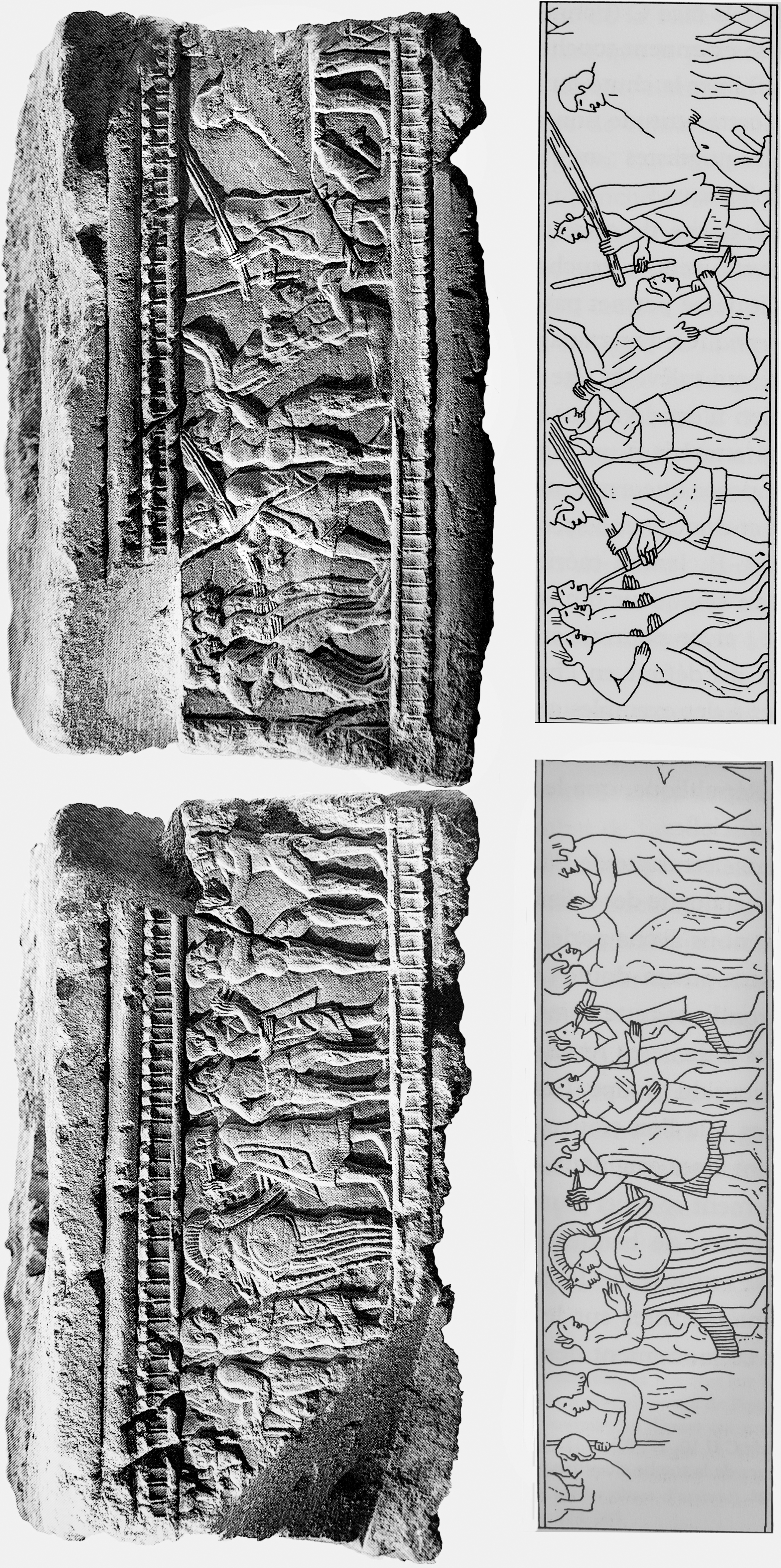 Fig. 17 Relief from Chiusi, formerly Basel, Cahn. Sides C and D. Photos after Thuillier 1997 b. Drawings reproduced with permission of J.-P. Thuillier.