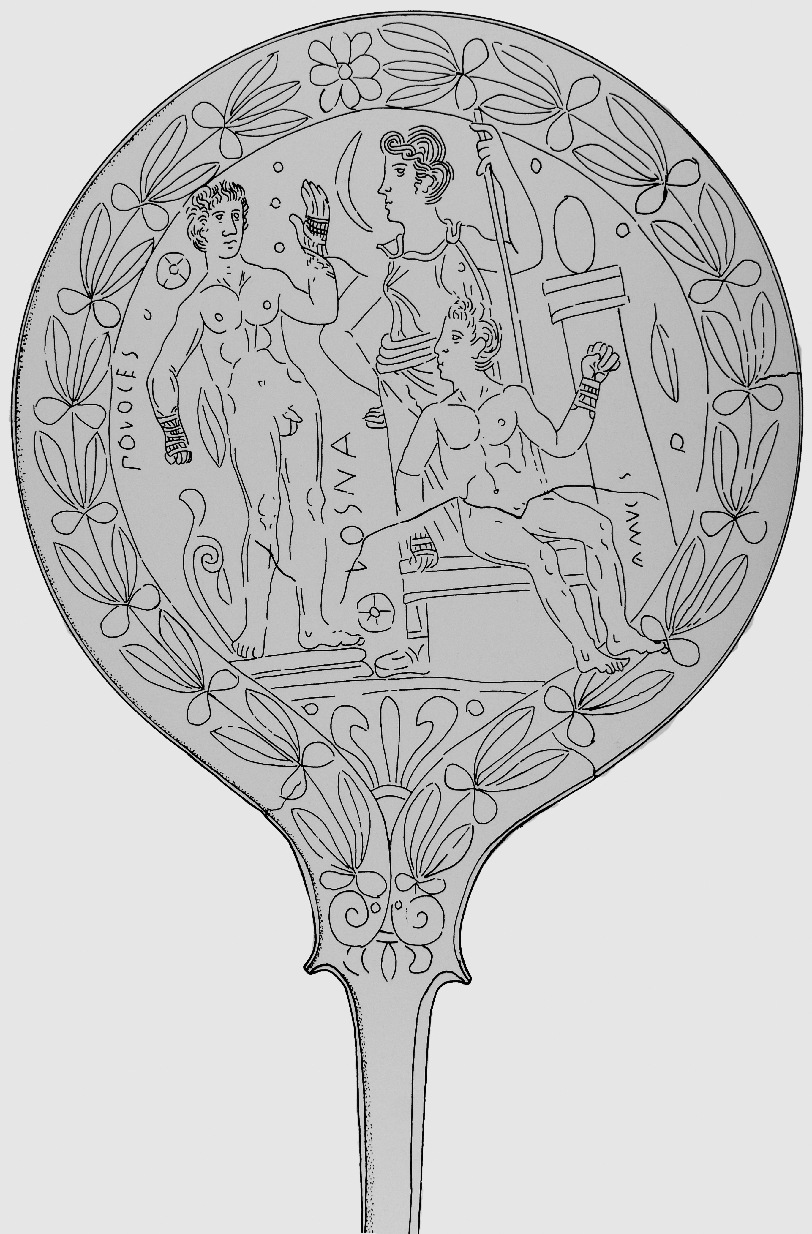 Fig. 27 Mirror from Praeneste, Villa Giulia 24864. (Drawing by Adirana Cafiero. @MiBAC. Museo Nazionale Etrusco di Villa Giulia.)