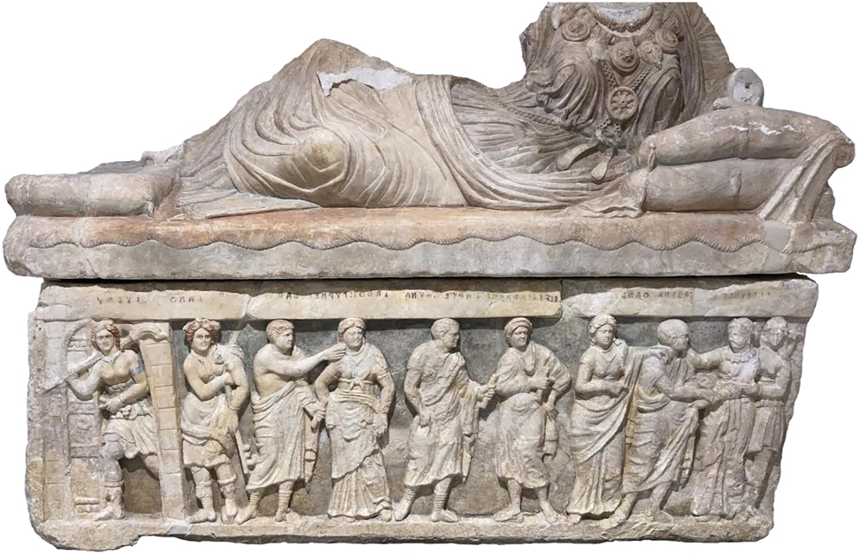 Figure 8: 
Hasti Afunei’s sarcophagus, chalky alabaster, from Chiusi, 225–200 B.C.E., Palermo, Museo Archeologico Salinas inv. n. 8468 (courtesy Museo Archeologico Regionale ‘Antonio Salinas’ di Palermo; photo by G. Adornato).
