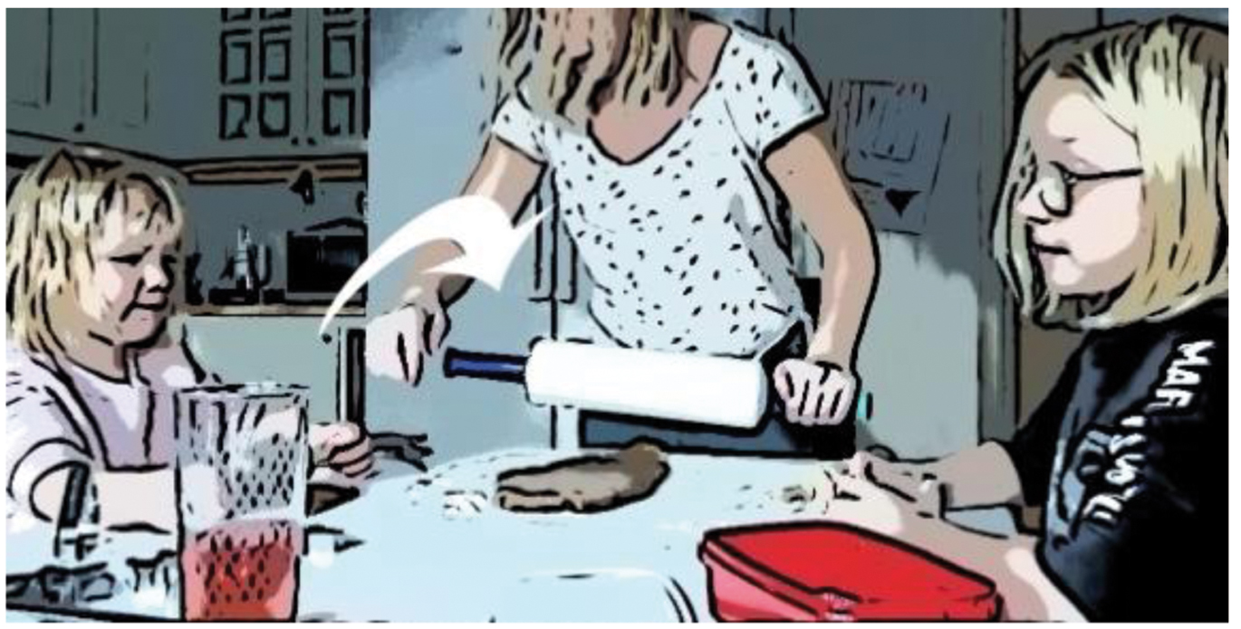 Figure 1 
          Astrid (left), Sarah (centre), and Amanda (right) making gingerbread.
        