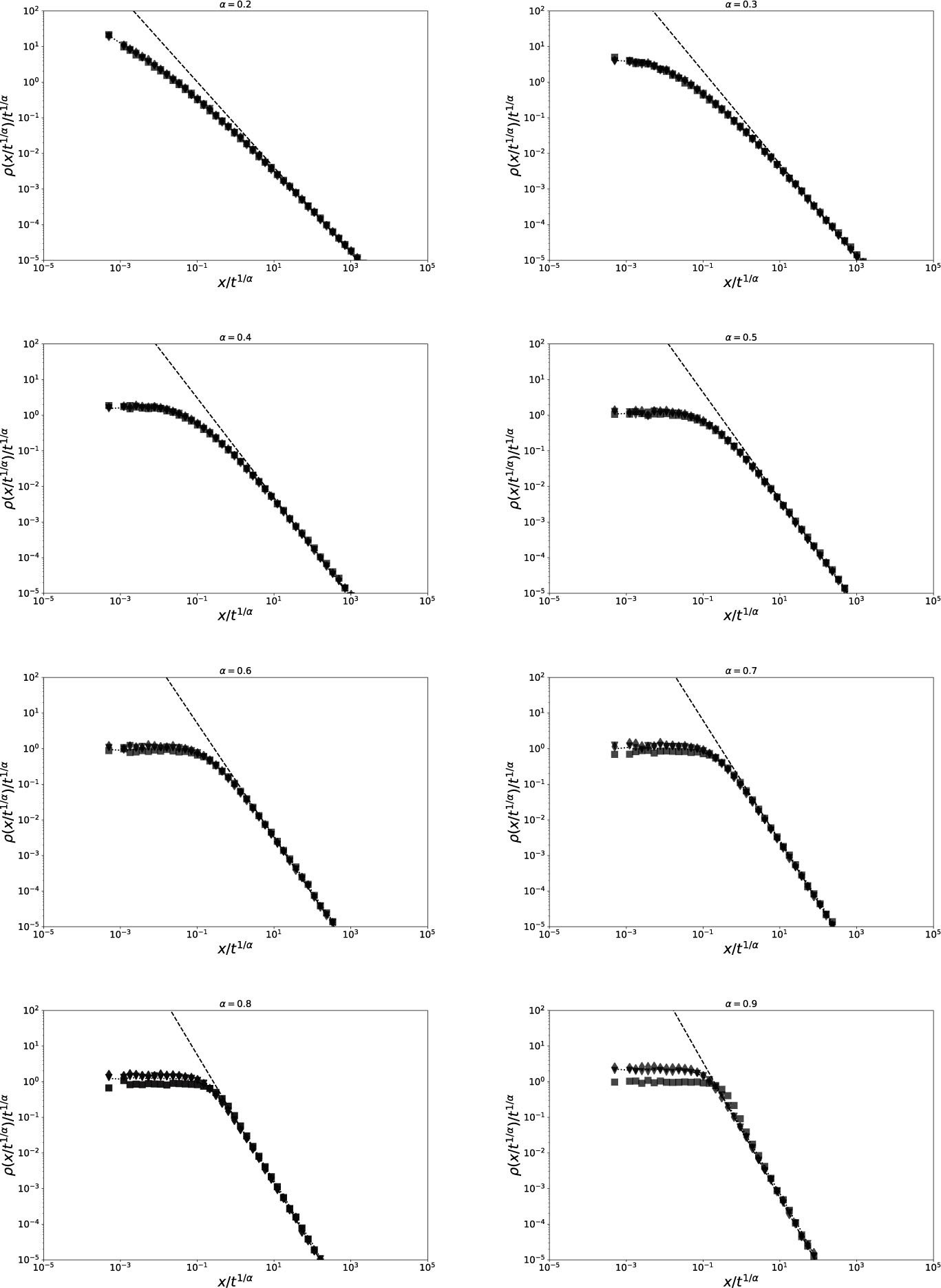 Figure 4 Plots of the central part of the walker’s distribution ρ(x; t) obtained with jump pdf(2.14a) at times t = 10 τ, 100τ, 1000τ marked by squares, triangles and diamonds, respectively. The dotted lines represent Lévy stable densities of index α and the dashed lines the power-law decaying |x|−(α+1). The loss of self-similarity in the interval 1/2 < α < 1 is evident.