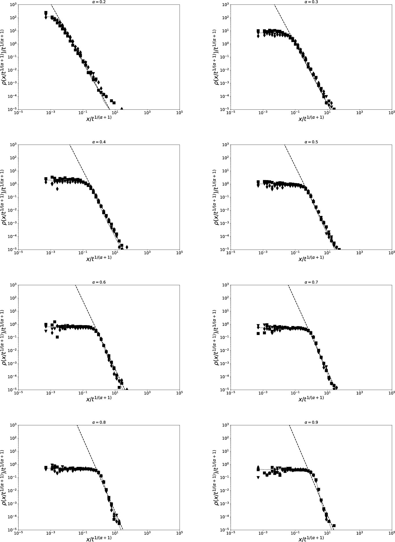 Figure 5 Plots of the walker’s distribution ρ(x; t) obtained with jump pdf(2.14b) at times t = 10 τ, 100τ, 1000τ marked by squares, triangles and diamonds, respectively. The dotted lines represent Lévy stable densities of index (α +1) and the dashed lines the power-law decaying |x|−[(α+1)+1].