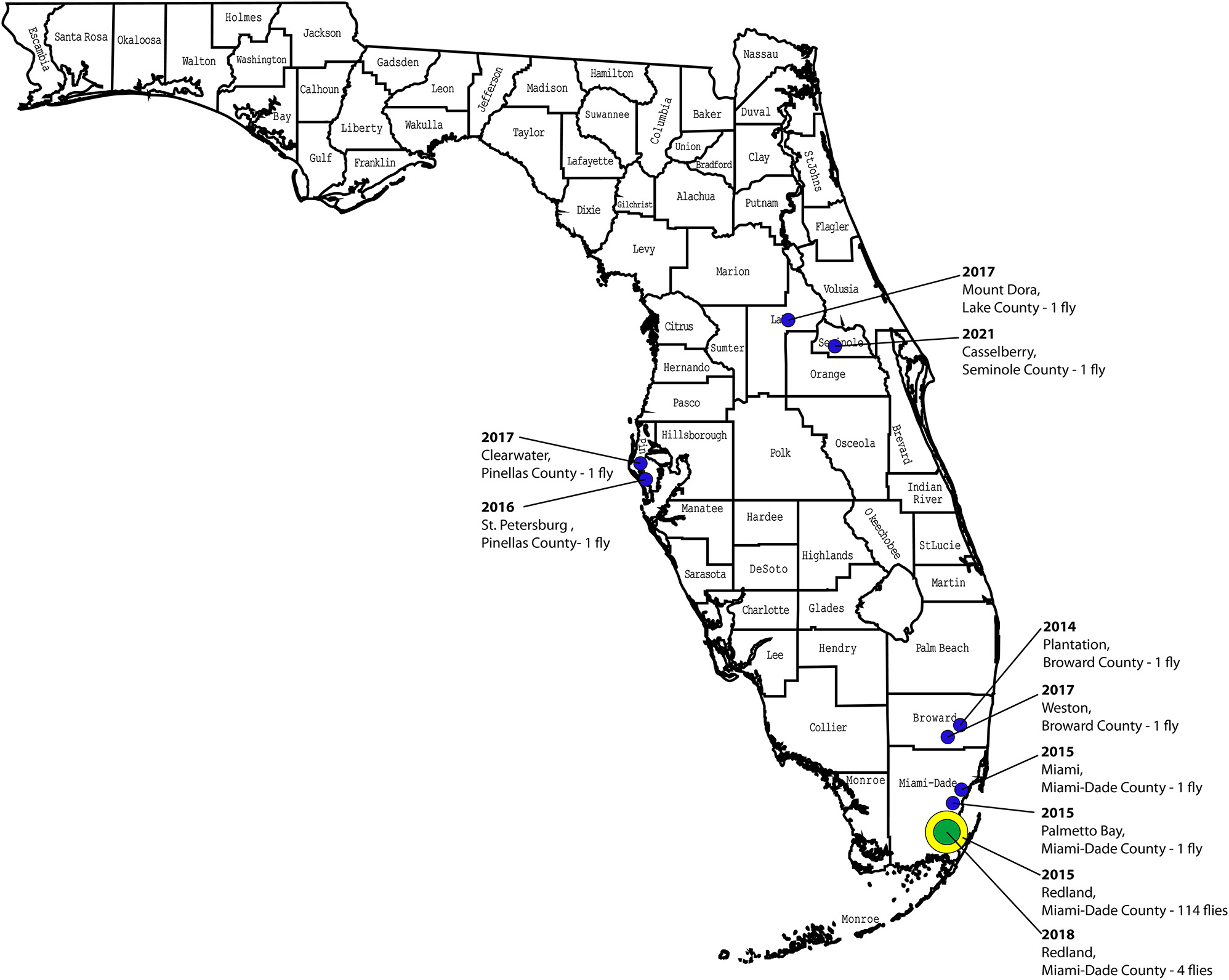 Figure 1: 
Collection locations of oriental fruit flies in Florida from 2014 to 2021. Location, year and number of flies detected is provided for each detection.
