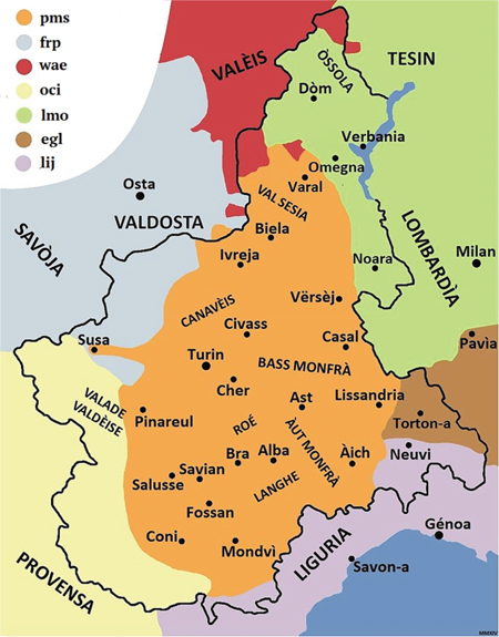 Figure 1: Map of the regional or minority languages spoken in Piedmont and neighboring areas.