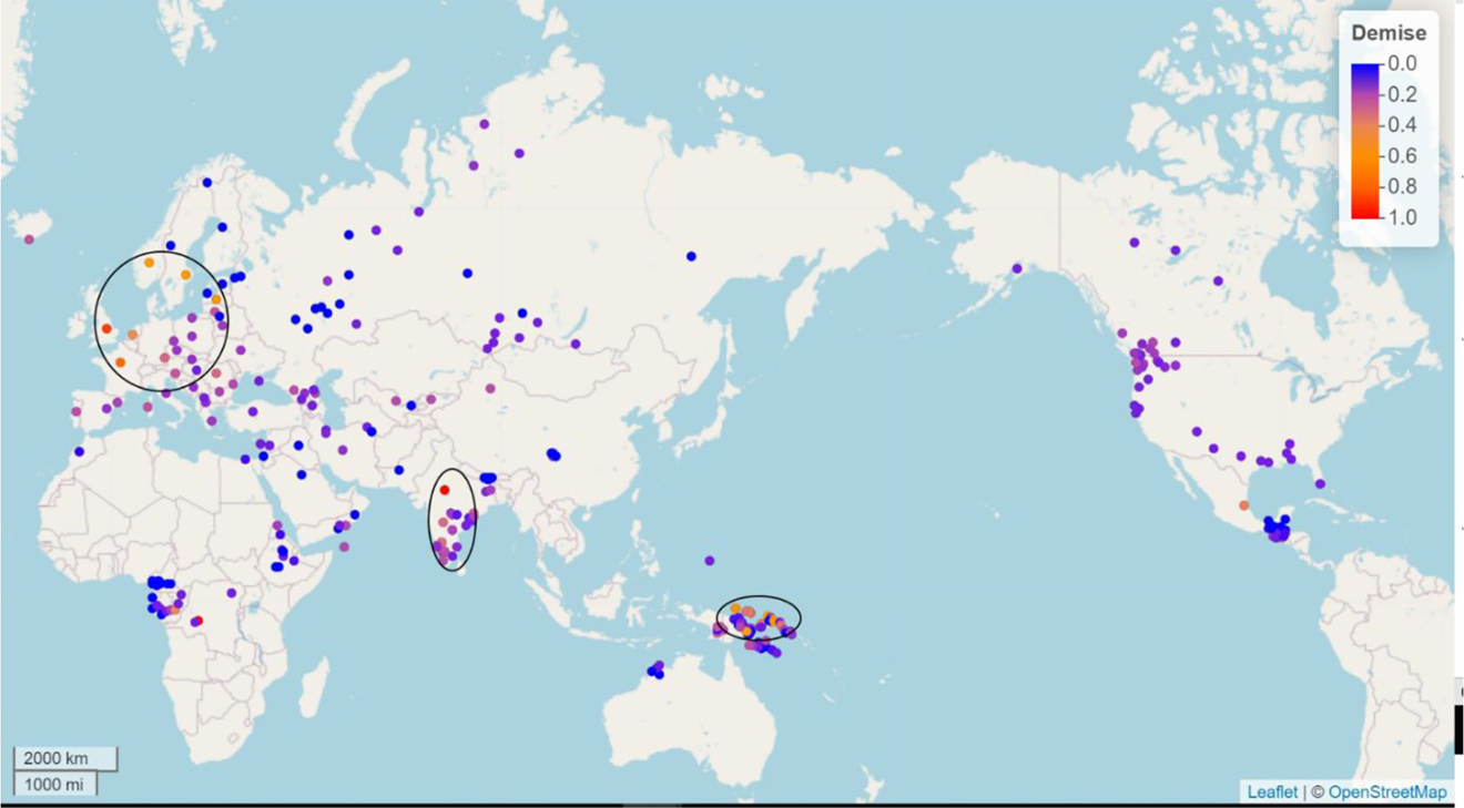 Figure 4: 
Demise degrees across the languages of the database.
