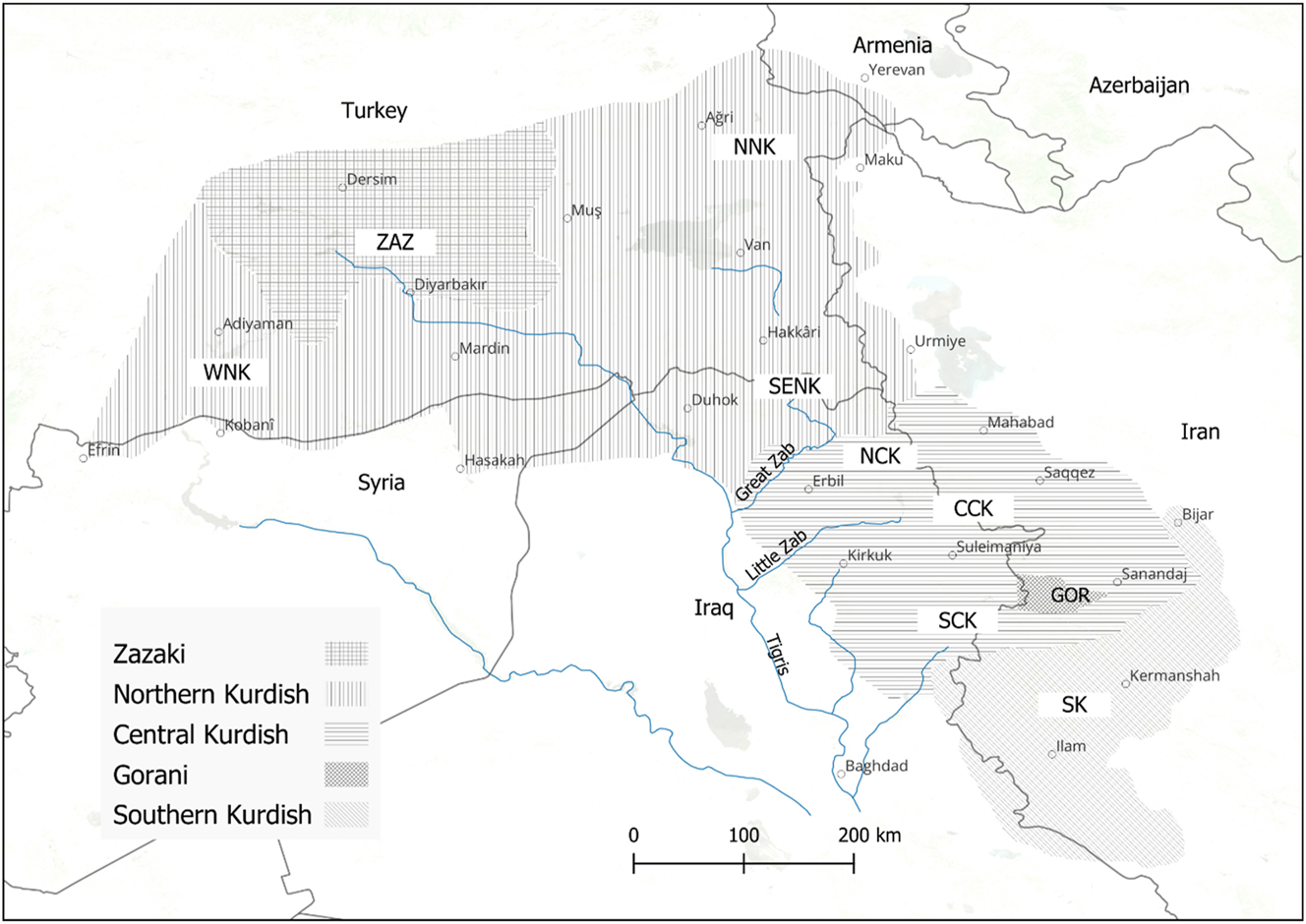 Figure 1: 
Approximate geographical distribution of five main groups generally known as Kurdish.
