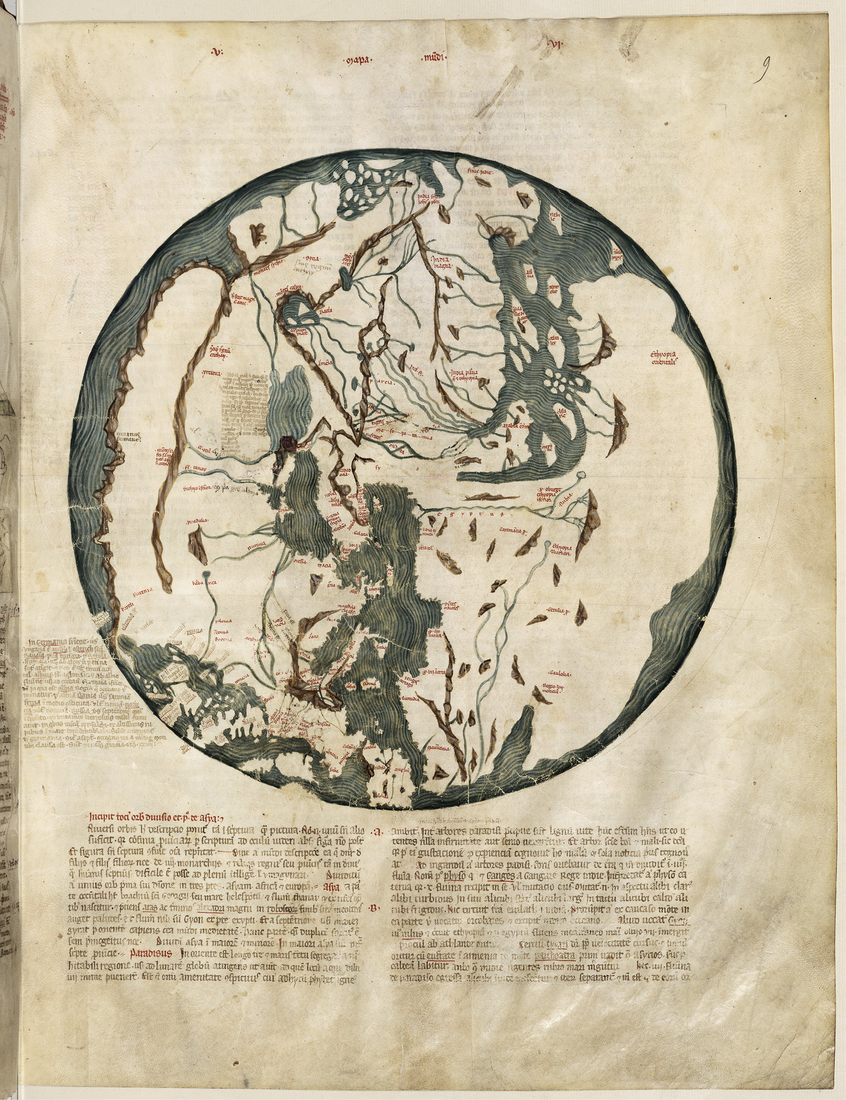 Abb. 1 Mappa mundi des Pietro Vesconte, Text von Paolino Veneto, in: P. V., Chronologia magna, Neapel, nach 1329. Paris, Bibliothèque nationale de France, Ms. lat. 4939, fol. 9r. © Crédit photographique: Bibliothèque nationale de France.