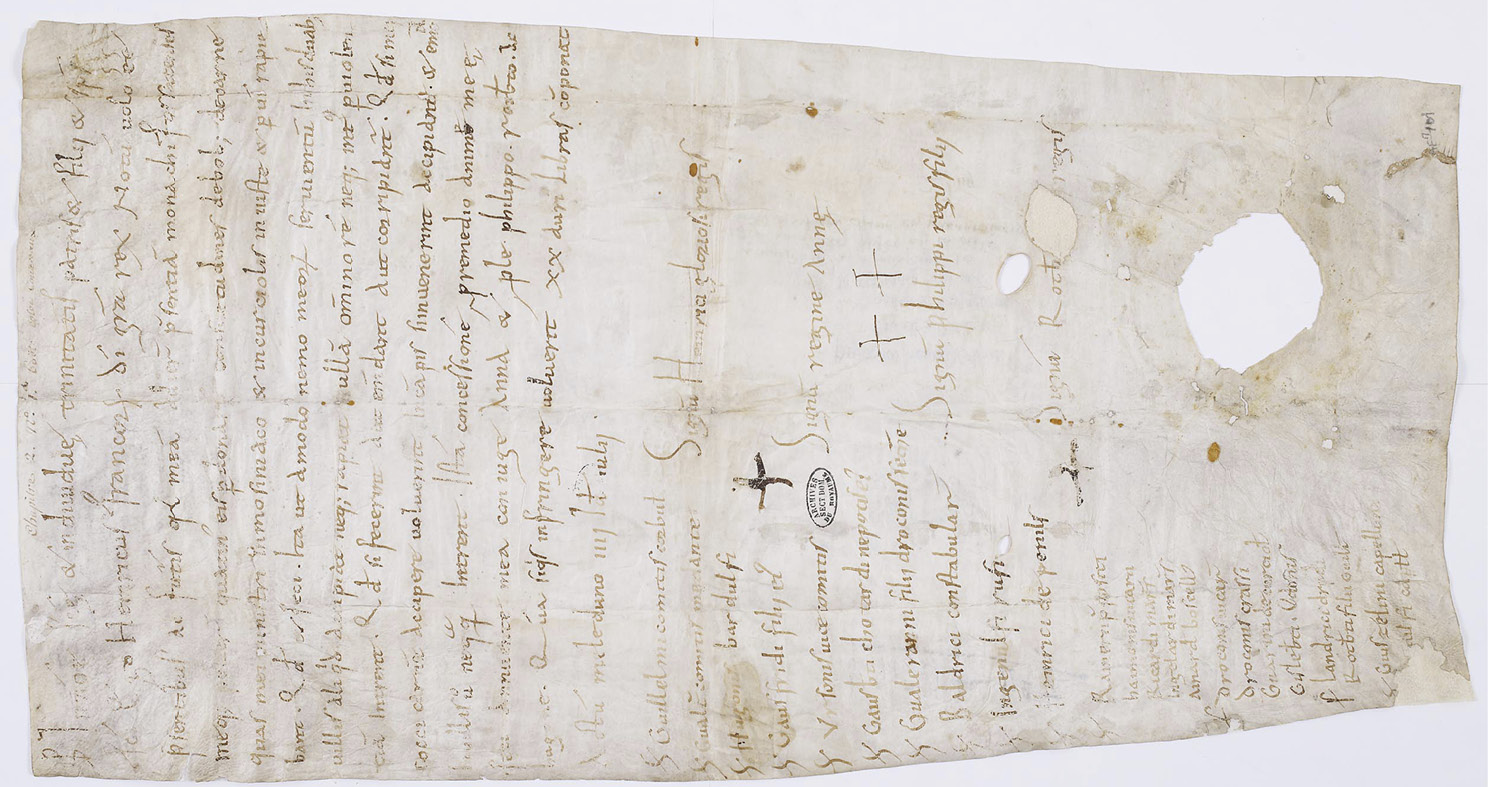 Abb. 10 Henry I’s concession to the monks of Saint-Maur-des-Fossés ( Melun, 1057/1058 ). Paris, Archives nationales, AE II 101 ( formerly K 19 n° 5/2 ).
