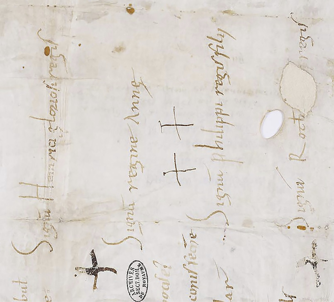 Abb. 11 Close-up of possible autograph cross signatures of Anne of Kyiv, queen of France, and her eldest son, Philip ( crowned King Philip I on 23 May 1059 ). Paris, Archives nationales, AE II 101 ( formerly K 19 n° 5/2 ).