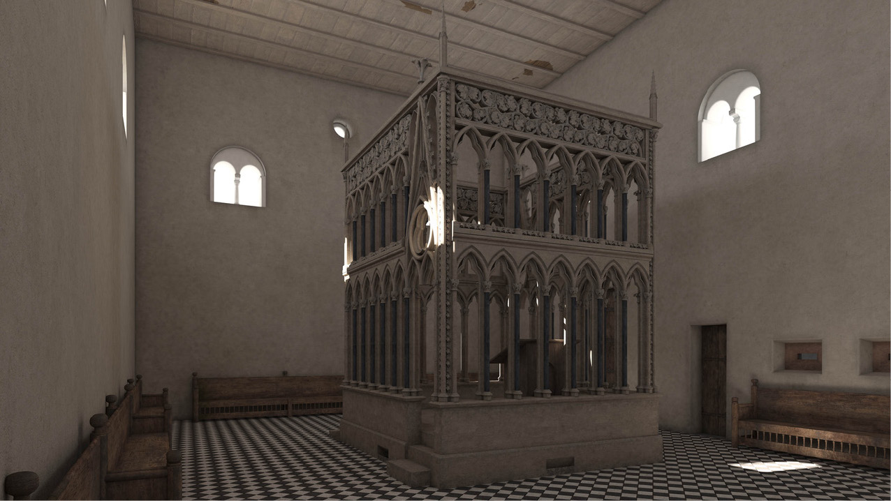 Figure 1: Reconstruction of Cologne Synagogue’s Thirteenth-Century Bimah: Stadt Köln, Dezernat Kunst und Kultur, VII/3: Archäologische Zone/Jüdisches Museum, MiQua. LVR-Jüdisches Museum im Archäologischen Quartier Köln; Technische Universität Darmstadt, Fachgebiet Digitales Gestalten; Ausführende: Marc Grellert, Pia Heberer, Tina Schöbel, Shoran Soltani, Norwina Wölfel und Arbeitsteam ‚Synagoge‘ des Rekonstruktionsprojekts. Printed with Permission.