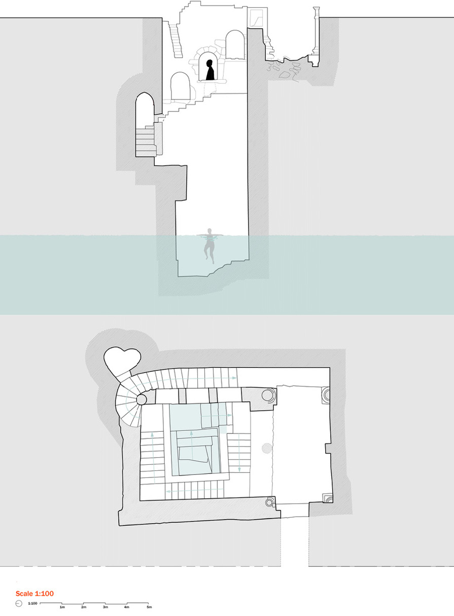 Figure 2: Plan and Section of Cologne’s Twelfth-Century Mikveh ( Current State ). Architectural Drawings: Moriya Erman with Neta Bodner.