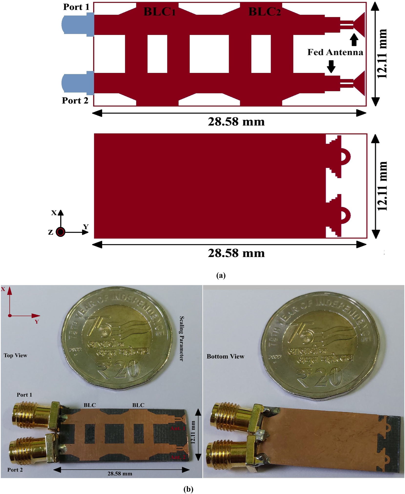 Figure 11: 
Beam steering antenna as top and bottom view (a) prototype view (b) fabricated/hardware view.
