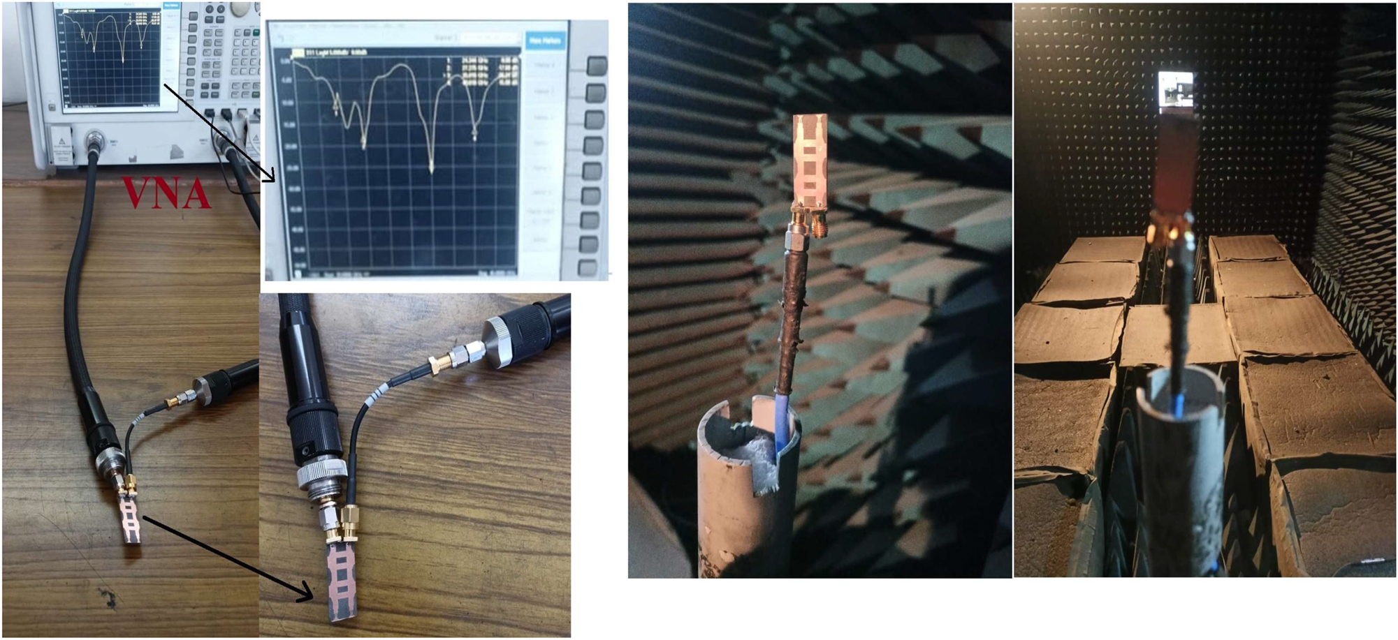 Figure 15: 
Antenna measuring set up with VNA and in anechoic chamber.
