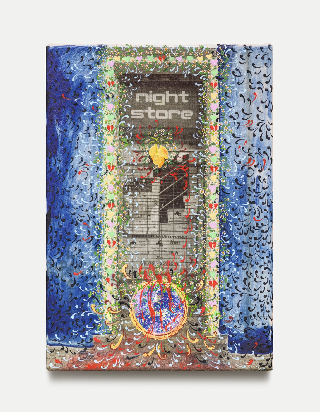  World, 2022
23 karat gold, custom sticker, inkjet transfer and oil on canvas
30 × 21 cm
Courtesy of the artist and Tanya Leighton, Berlin/Los Angeles.
Photo: Gunter Lepkowski