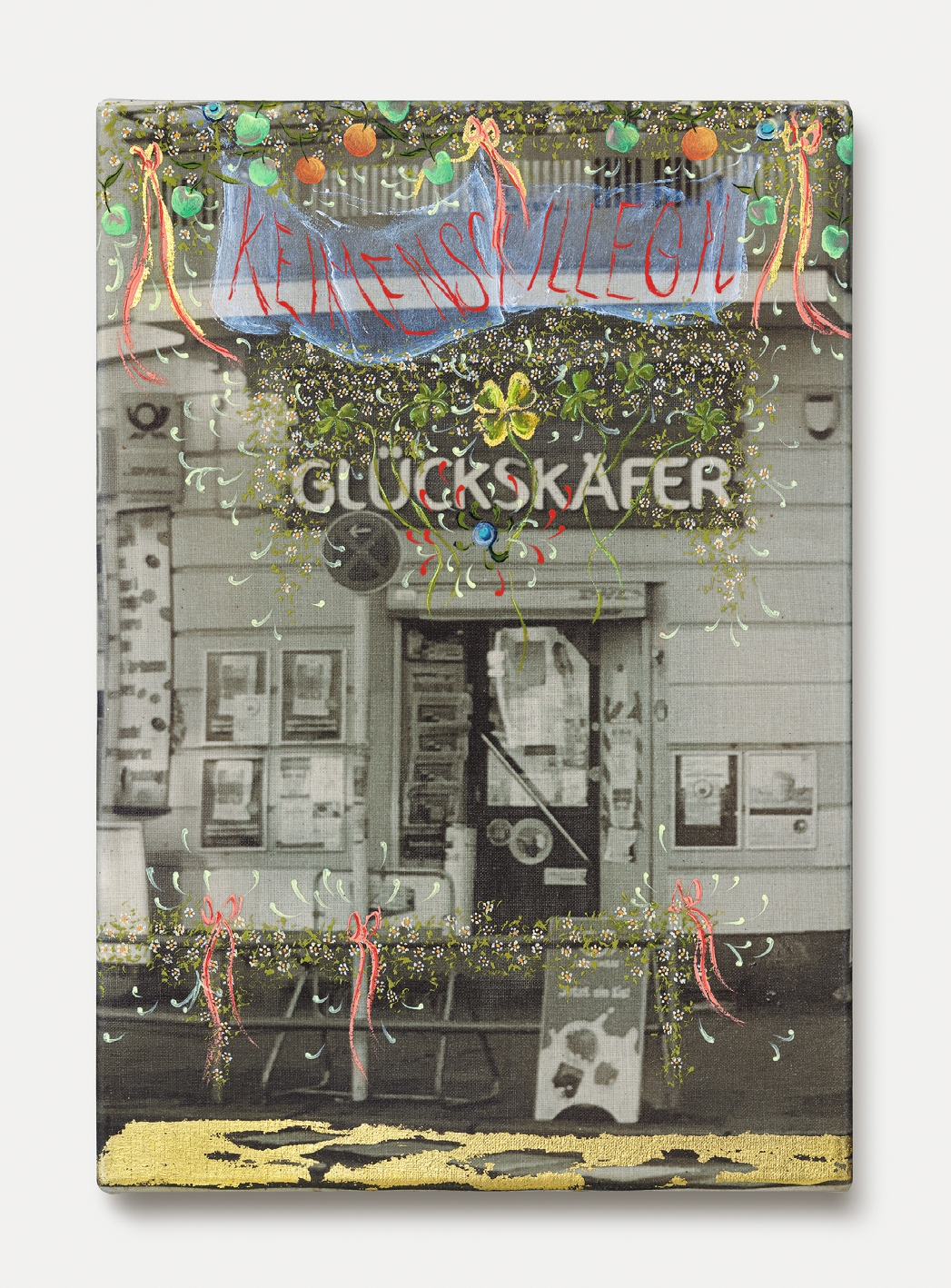  Zu spät (IV), 2021
23 karat gold, inkjet print and oil on canvas
30 × 21 cm
Courtesy of the artist and Tanya Leighton, Berlin/Los Angeles.
Photo: Gunter Lepkowski