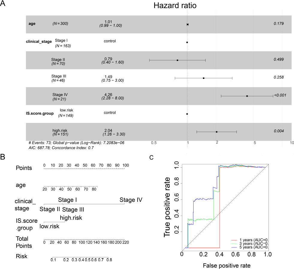 Fig. 4
Survival association analysis of immune-related gene markers
(A) Multivariate cox proportional risk model analysis; (B) Nomogram of survival prediction of cervical squamous cell carcinoma (CESC) patients; (C) ROC curve analysis.