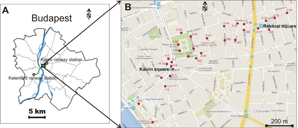Figure 2 The location of studied drillings in Budapest (drillings are marked by red circles).