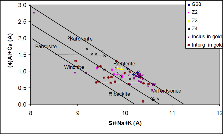 Figure 7 Composition of amphibole inclusions compared to those in rocks of the alkaline suite of the Guli massif (samples G28; Z2; Z3; Z4). Classification of amphibole [16].