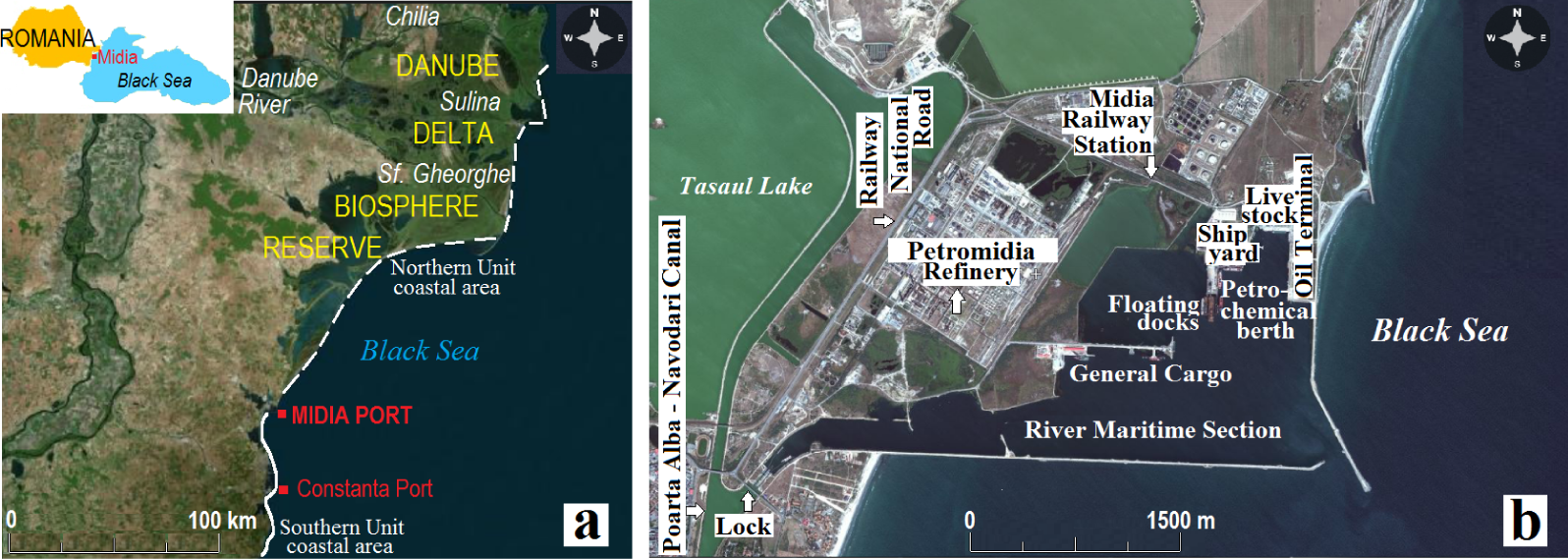 Figure 1 The aerial image ofthe Romanian Black Sea coastal area, includingthe Midia Port location (a), and an image showingthe Midia Port zone (b), (Source images:On line at: http://www.google.com/earth/index/html.On line at: http://www.portofconstantza.com with addings and with some modifications