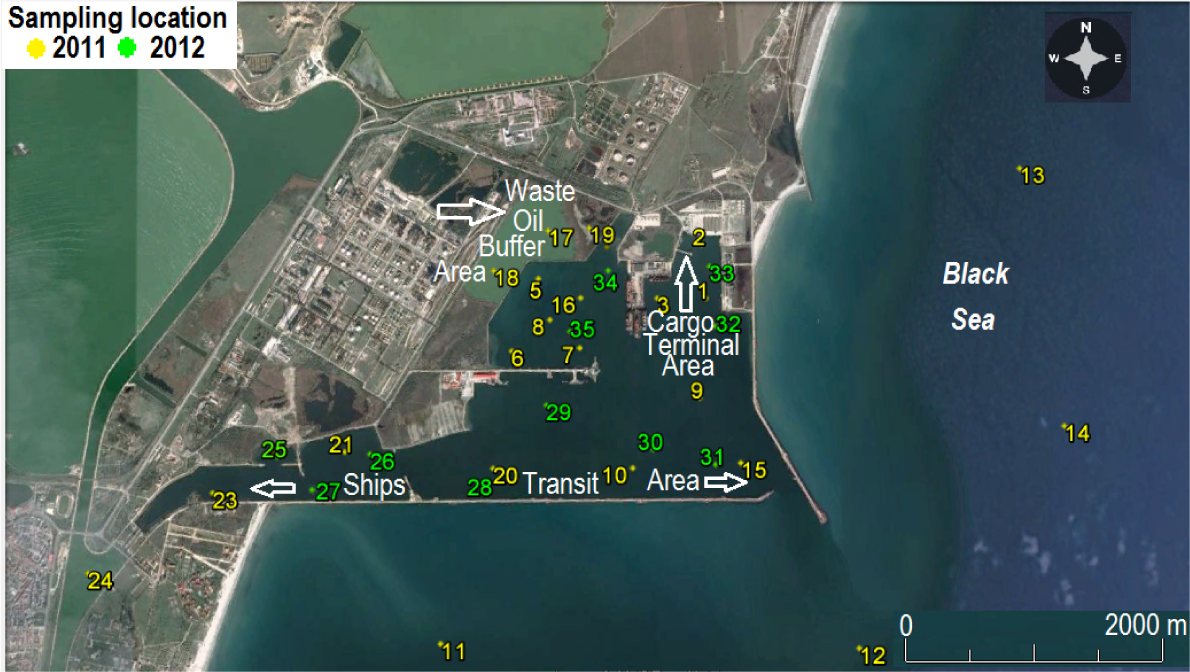 Figure 2 Sampling locations, including the informal delimitation of the investigated sectors in the Midia Port area based on port-related activities (Source image:On line at: http://www.aries-shipping.ro, with addings and modifications).