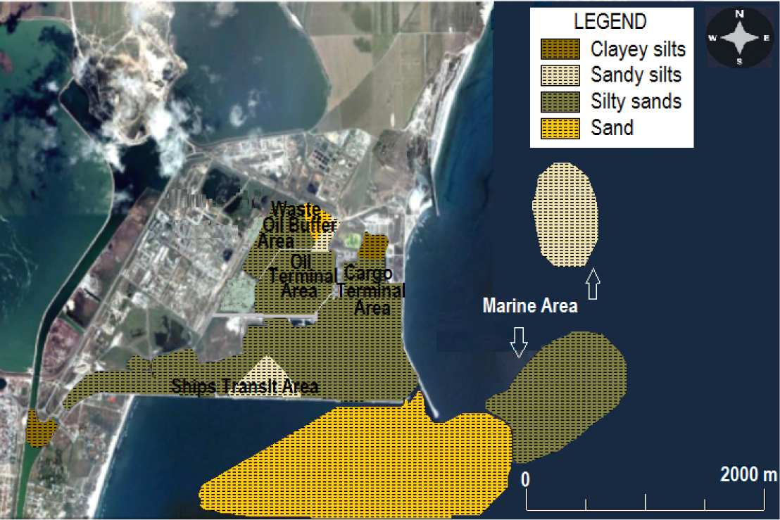 Figure 3 The distribution of the grain-size categories considered for the surficial sediments collected from the Midia Port area (Source image:APAT CNR IRSA Man 29 2003., with some addings and modifications). Note: For a better understanding regarding the horizontal distribution, an empirical representation of the grain-size areal variation is delineated above. The colors have been chosen aleatory.